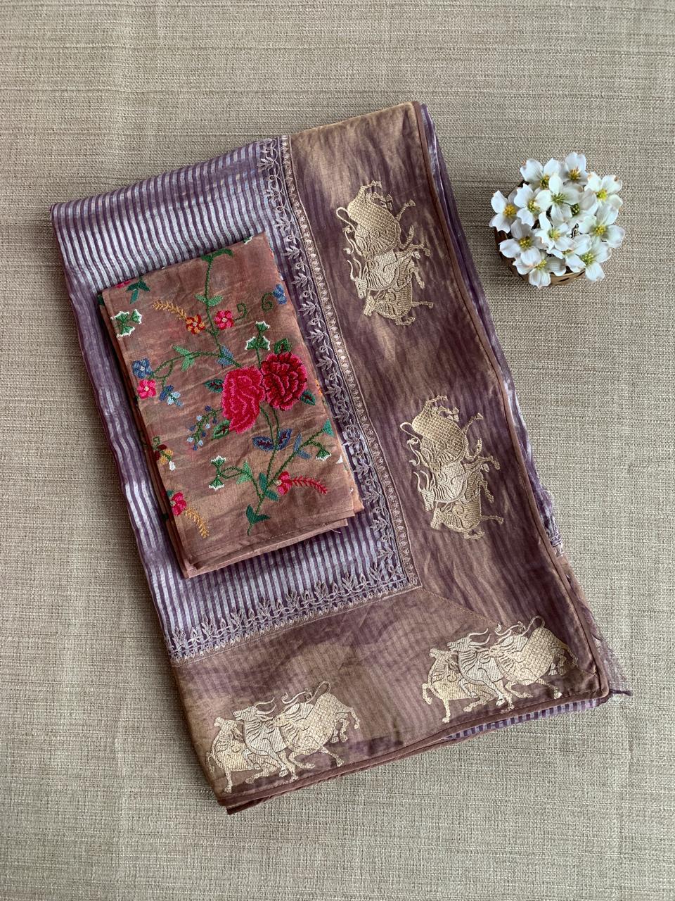 Mauve Tissue Stripes Saree with Nandi Border & Tissue Petite Point Blouse