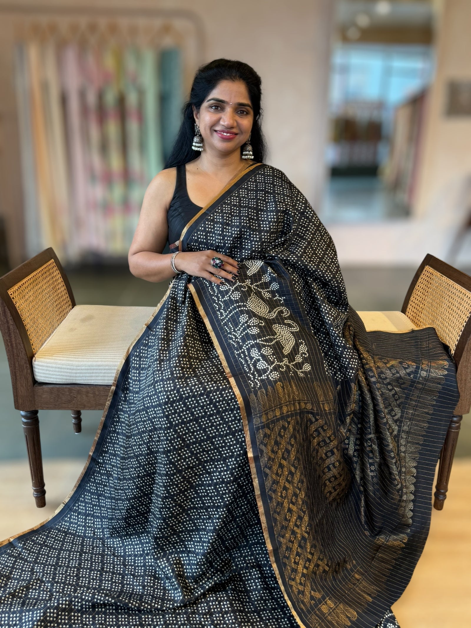 Black Kanchi Soft Silk Saree With Zari Checks allover the Saree &Bandhini Print
