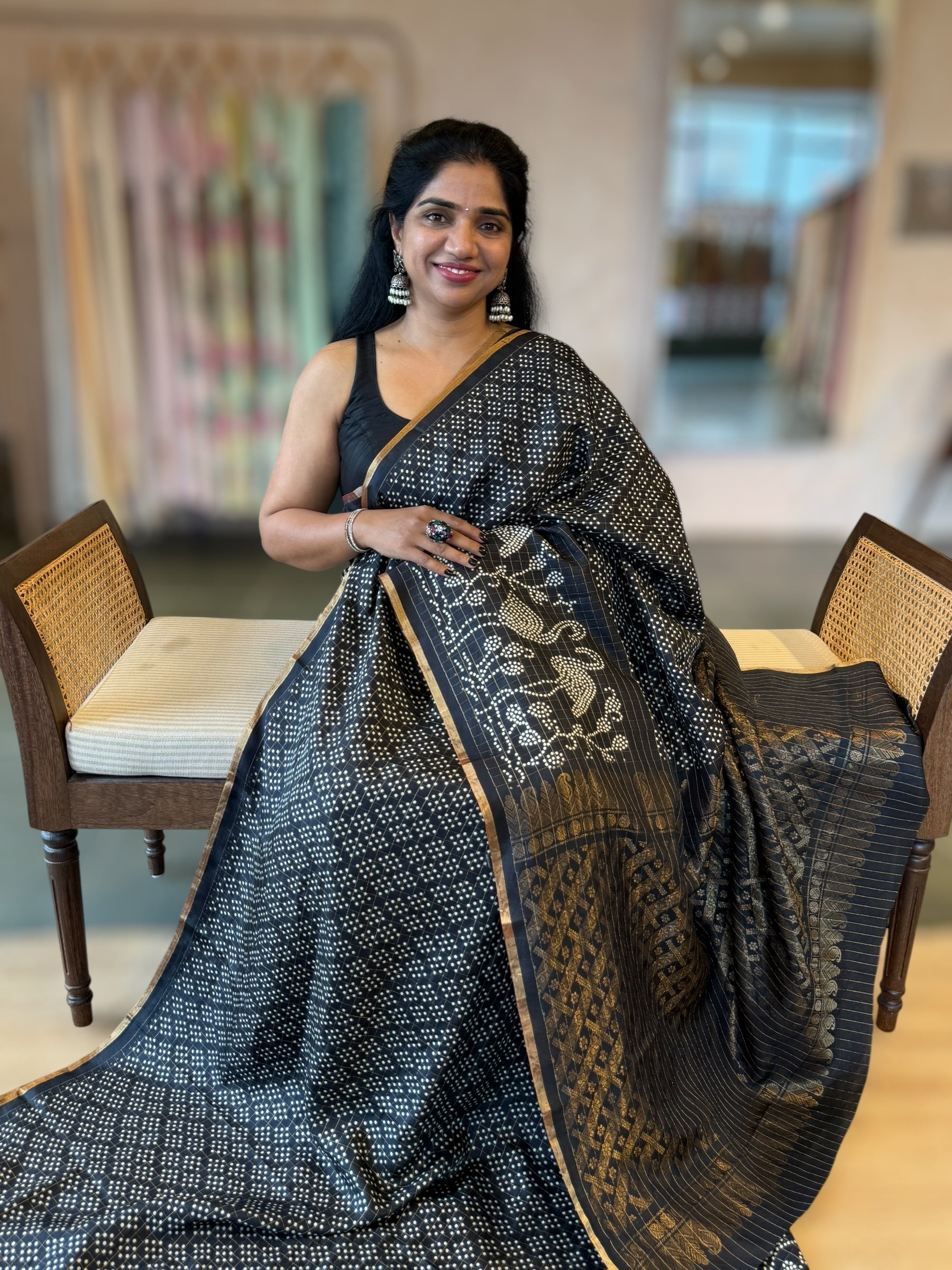 Black Kanchi Soft Silk Saree With Zari Checks allover the Saree &Bandhini Print
