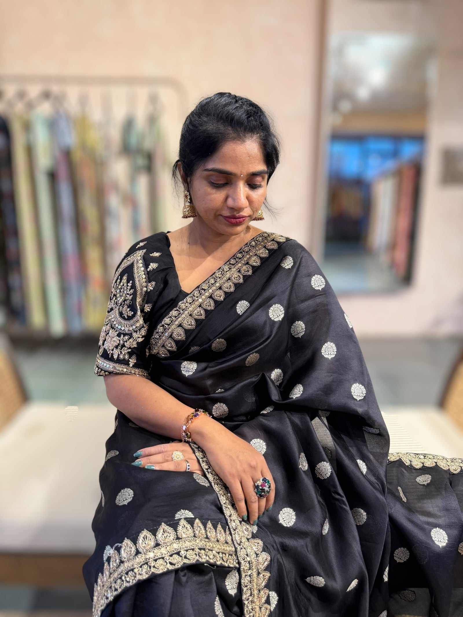 Black Pure Handloom Banarasi Silk Saree With Handwork Borders and Blouse