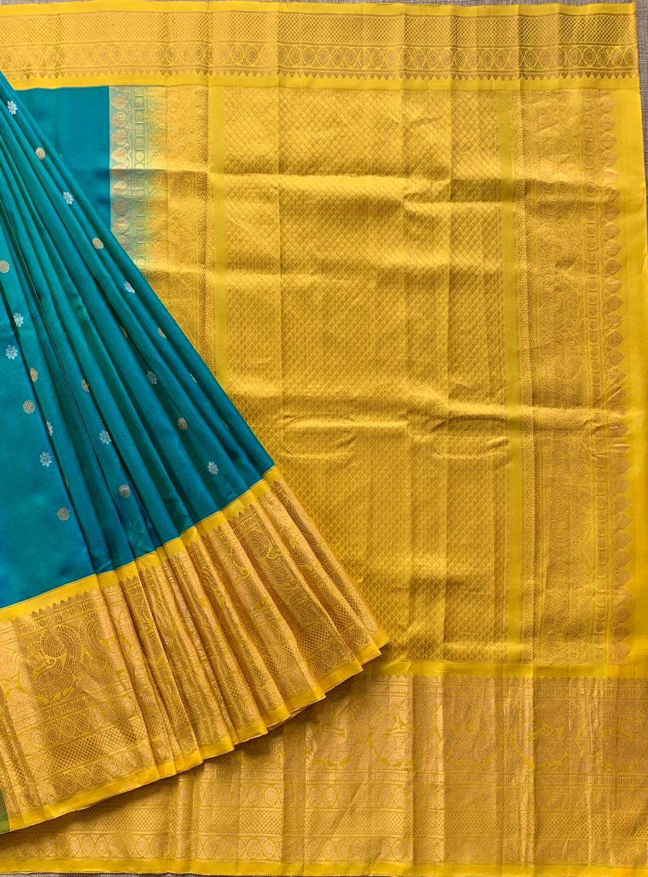 SGSA206 Peacock Blue and yellow Combo Gadwal Handloom Pure Silk Saree