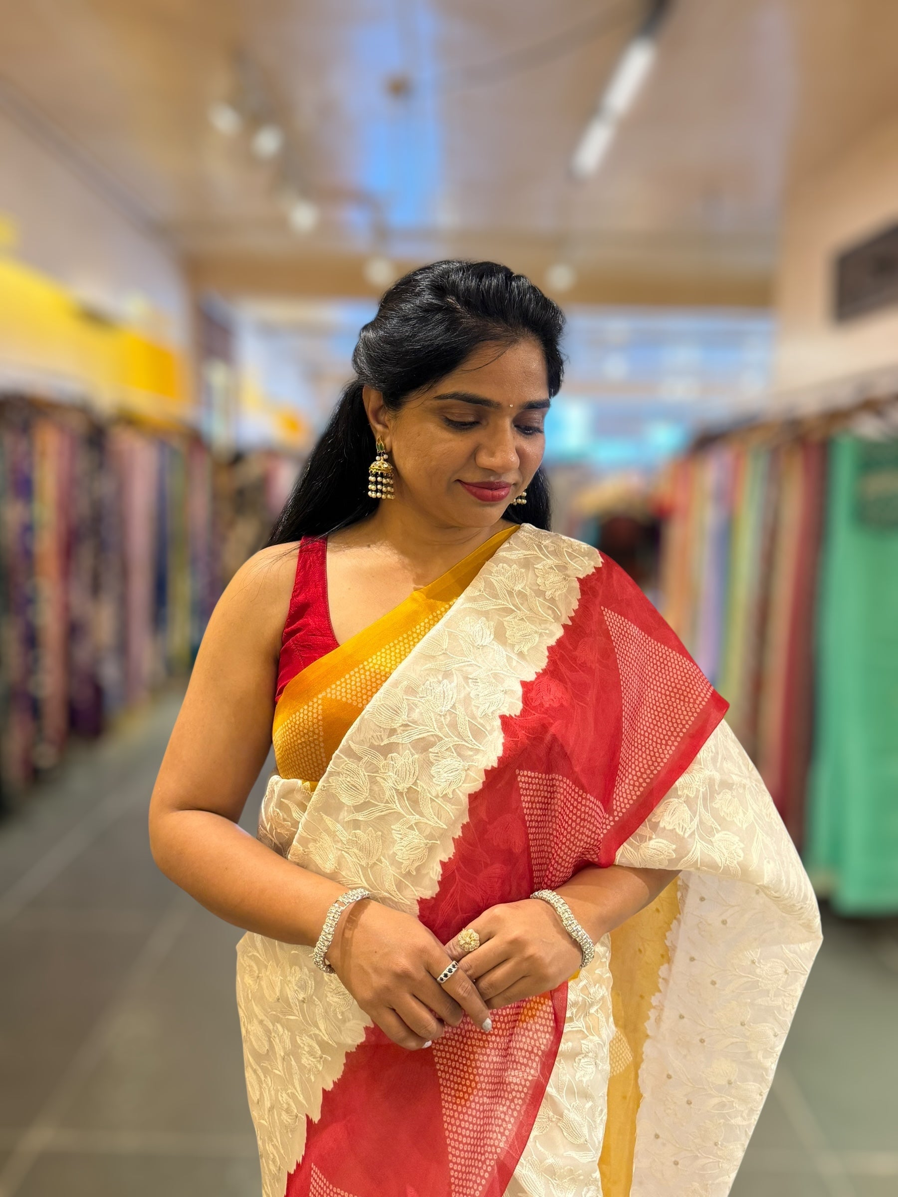 Organza Chikankari Embroidery Saree With Ganga Jamuna Bandhini Temple Borders