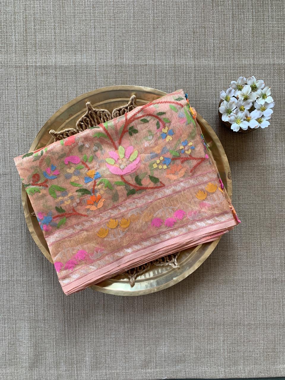 Peach Real Zari  Banarasi Tissue Jamdani Saree