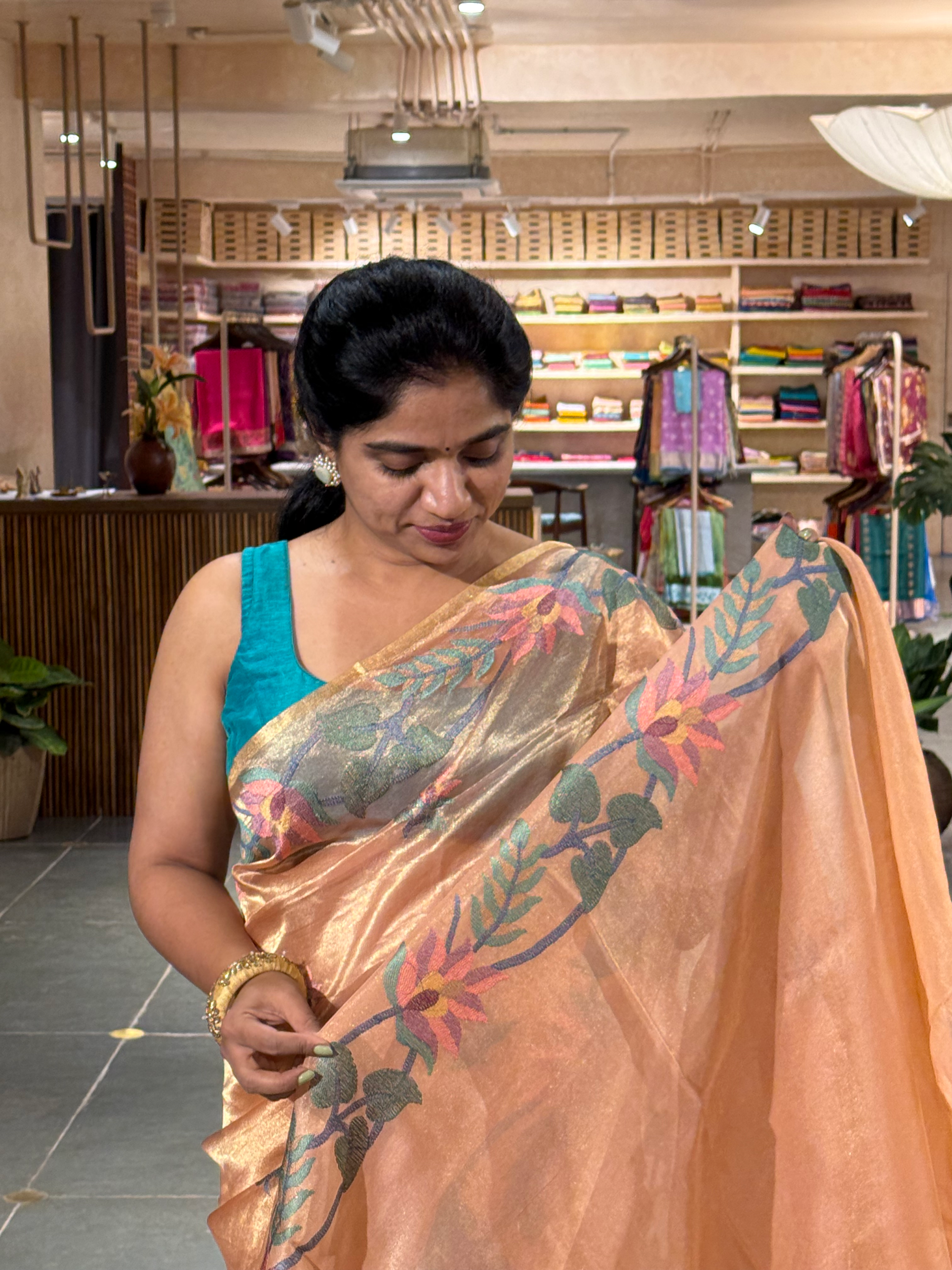 STJA207 : Peach Tissue With Jamdani Look Embroidery
