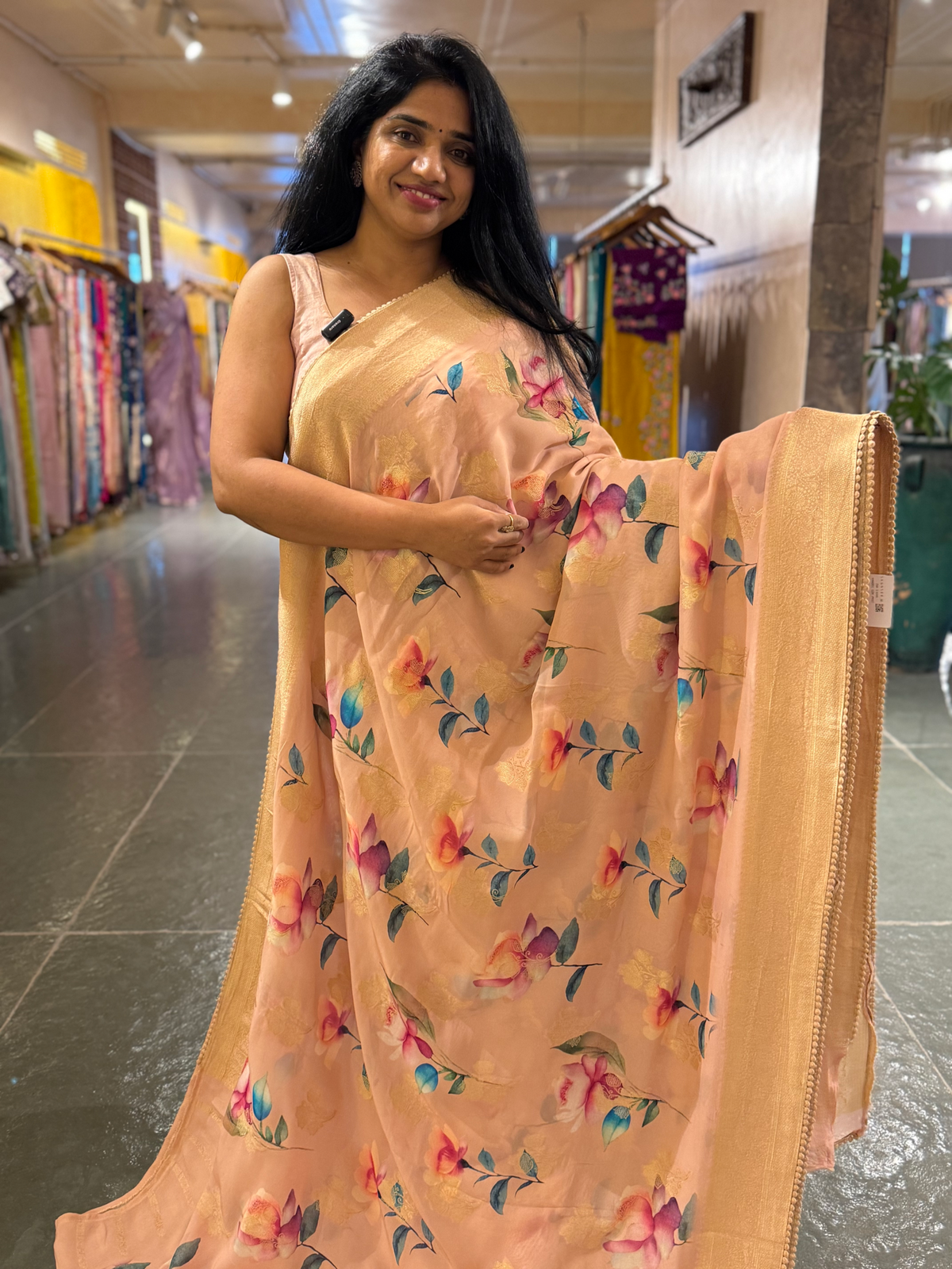 Peach Banarasi Khaddi Gorgette Sarees with Floral Print