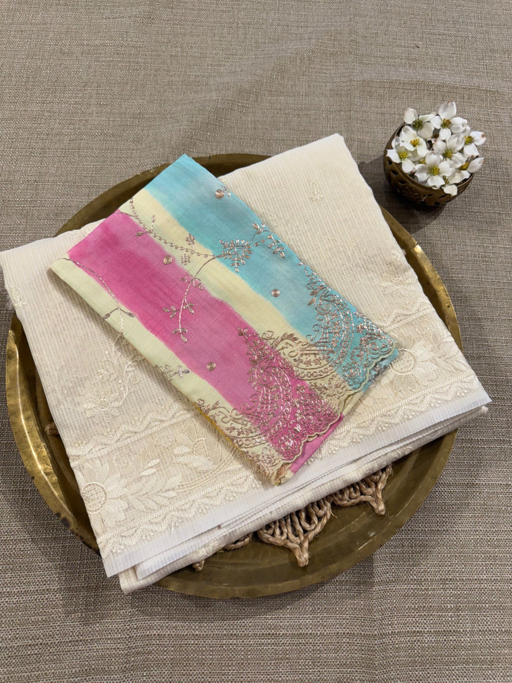 KCCA1910 : Kota Cotton Chikankari Embroidered Saree paired with Fusion Blouses