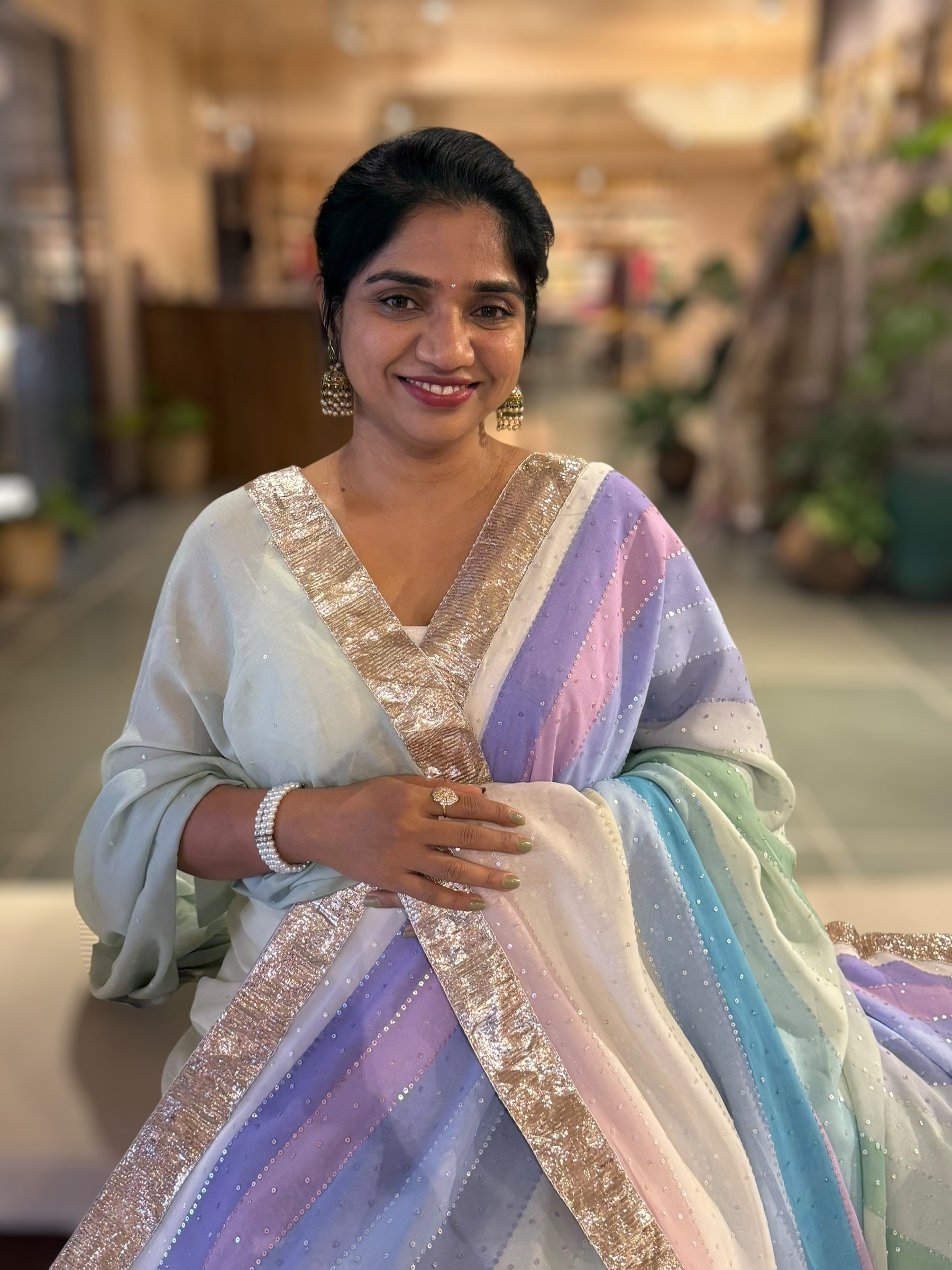 Multi Color Stripes Gorgette Sequnce Saree  With Gota Patti Lace Border
