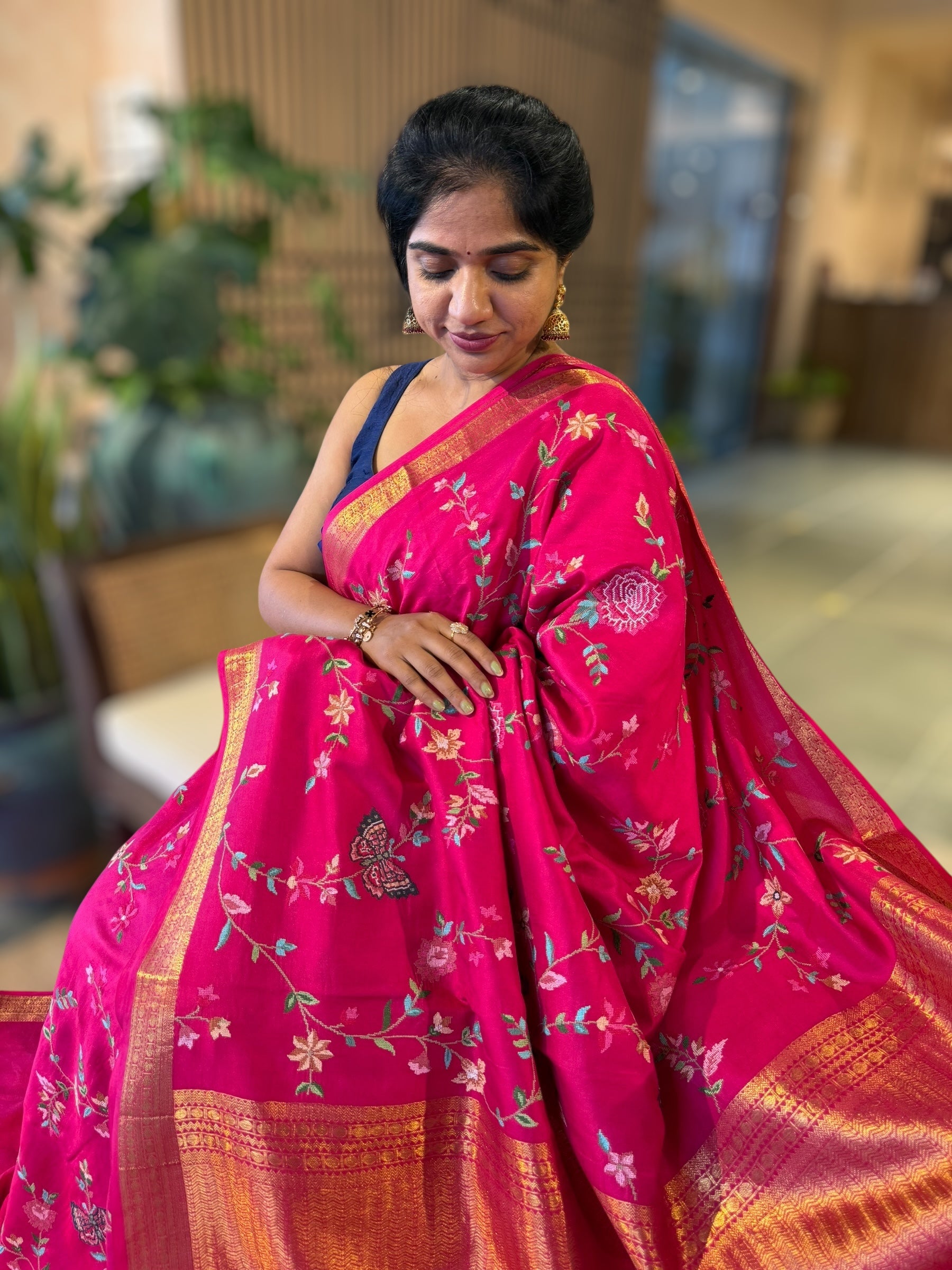 Rani Pink Kanchi soft Silk Saree With Allover Petite Point Embroidery