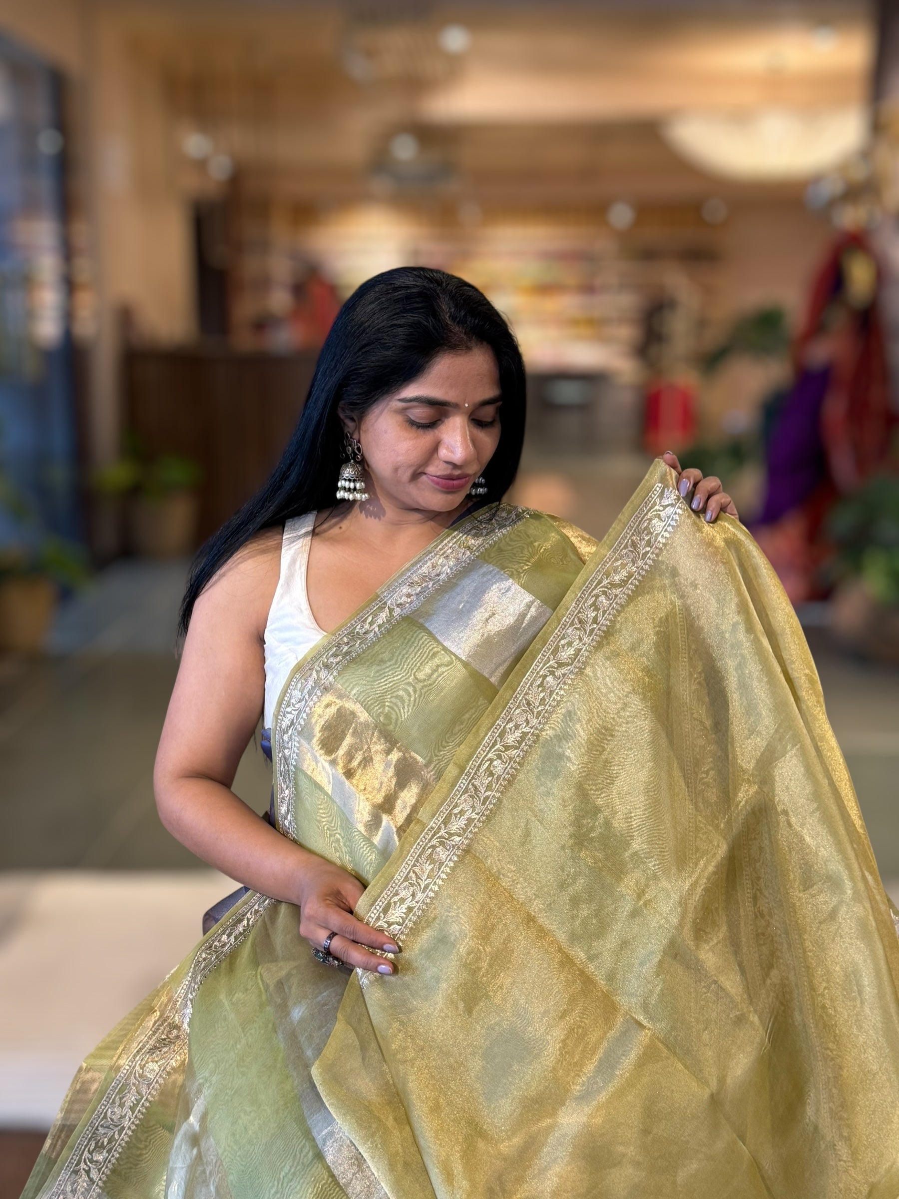 Kora Tissue Stripes Saree With Jamdani  & Pichwai embroidered Border