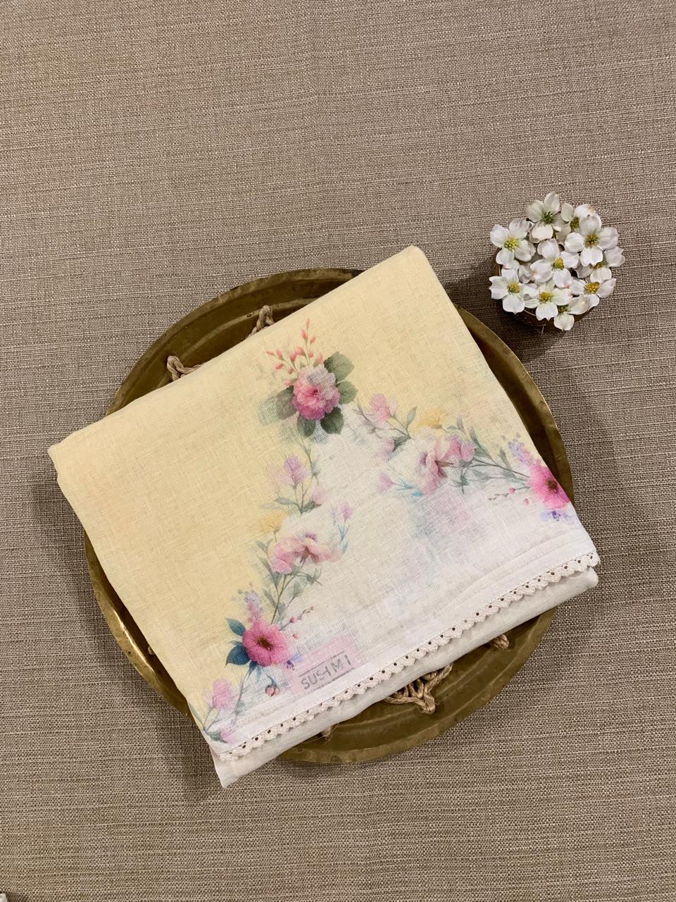 Pastel Yellow Pure Handloom Linen Printed Saree in Lehariya Style