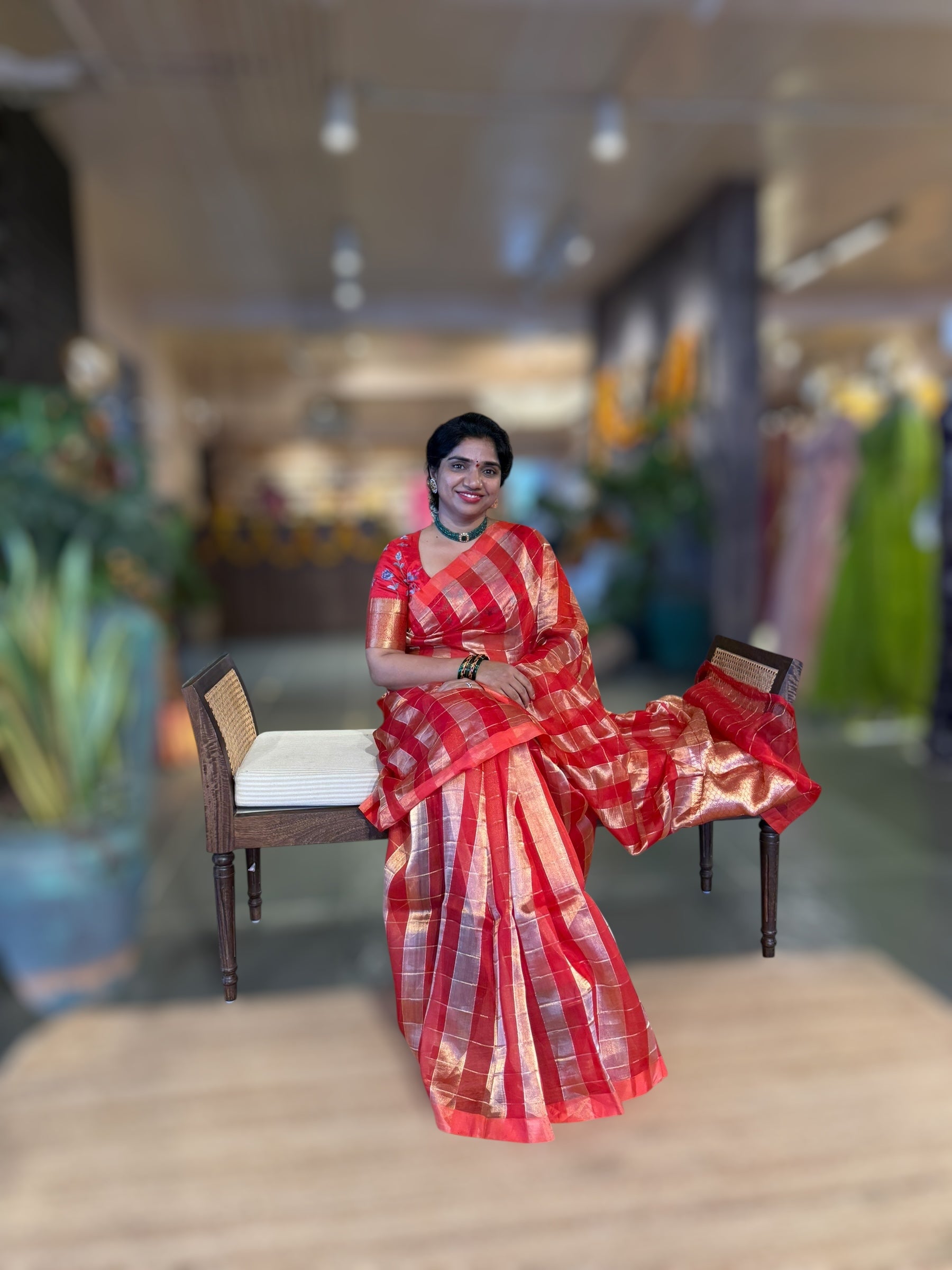 Red Pure Handloom Banarasi Kora Tissue Checks Saree
