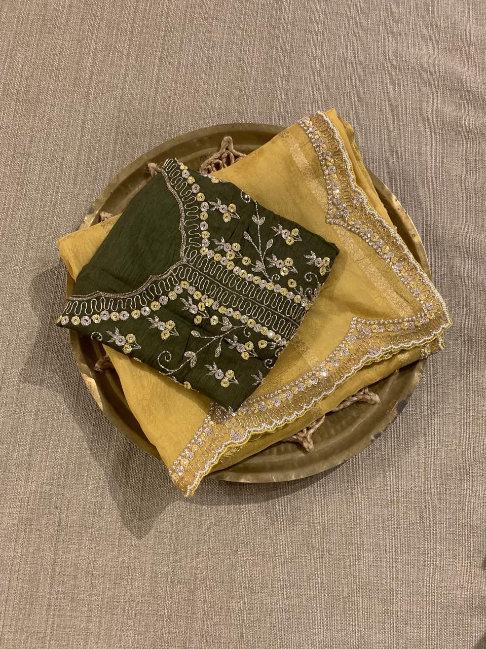 Yellow Tissue and kora brasso Saree with Scalloped handwork borders & blouse
