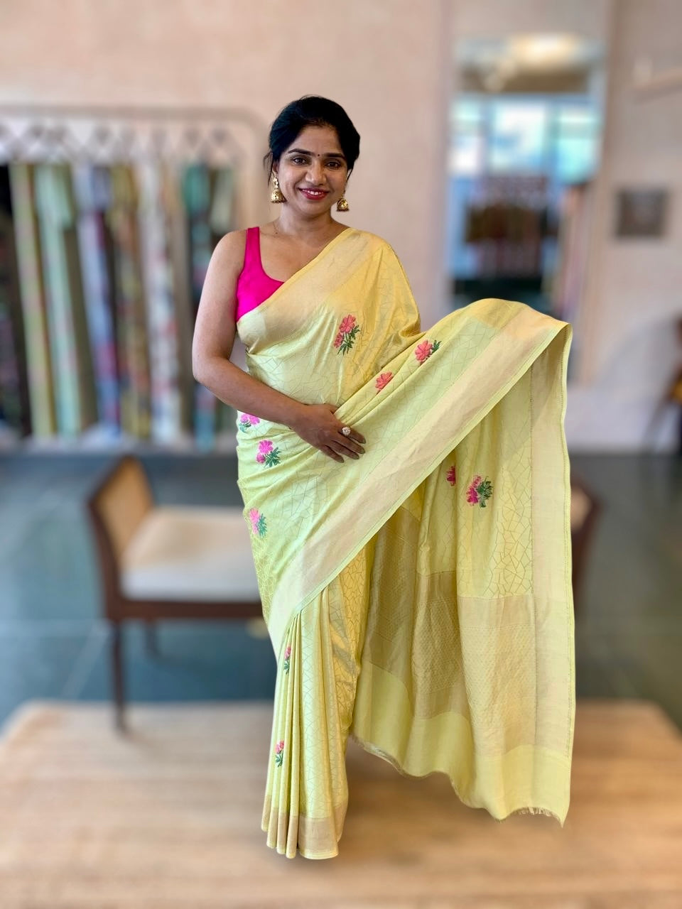 Lime Green Designer Banarasi Mashru Silk Saree with Petite Point Embroidered flo