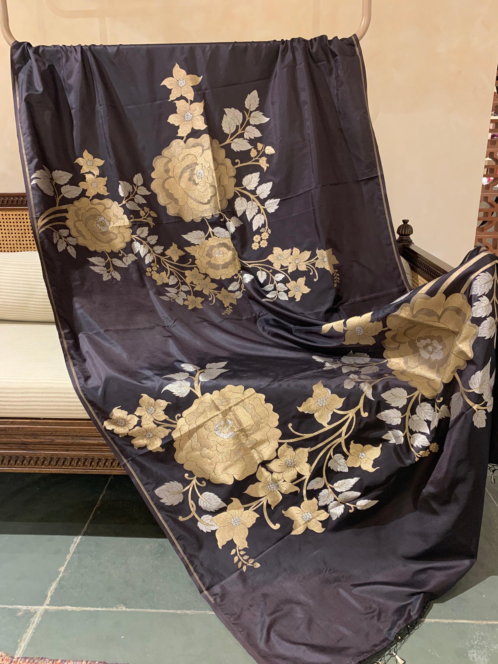 Dark Choclate and Antique Gold Designer Banarasi Silk Saree