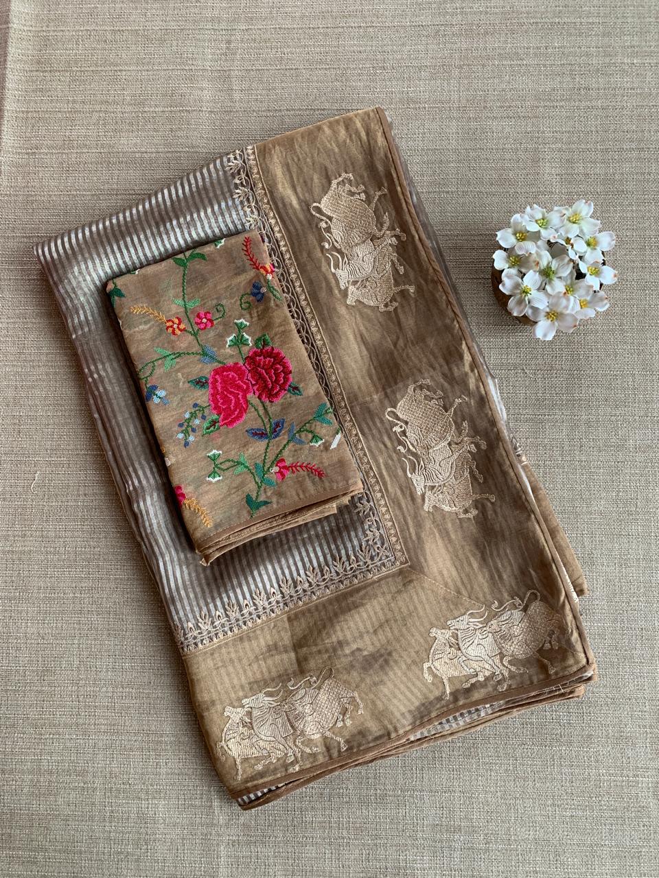 Earthy Tone Tissue Stripes Saree with Nandi Border & Tissue Petite Point Blouse