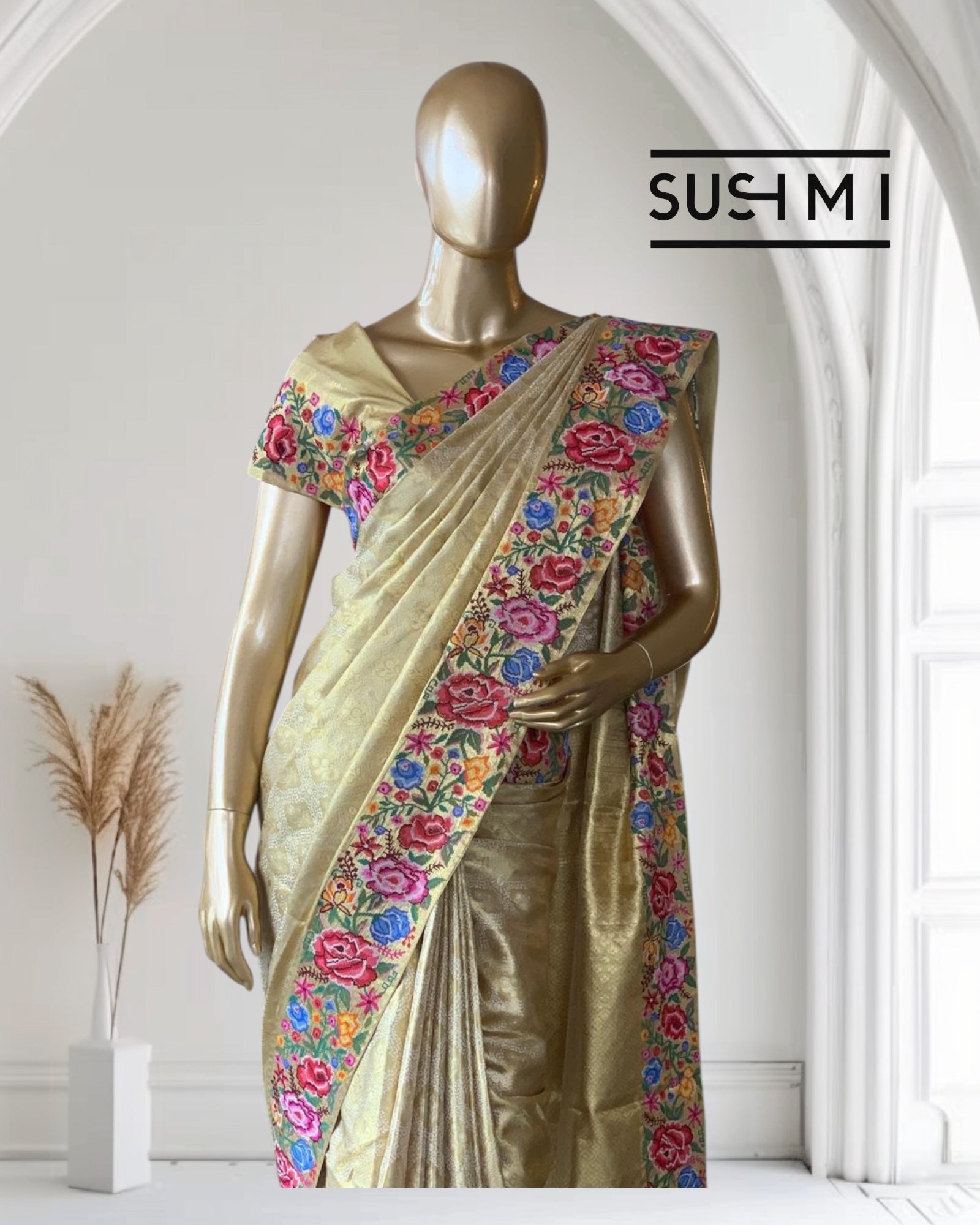 Pure Kanchi Tissue Brocade Saree with Petite Point Embroidery