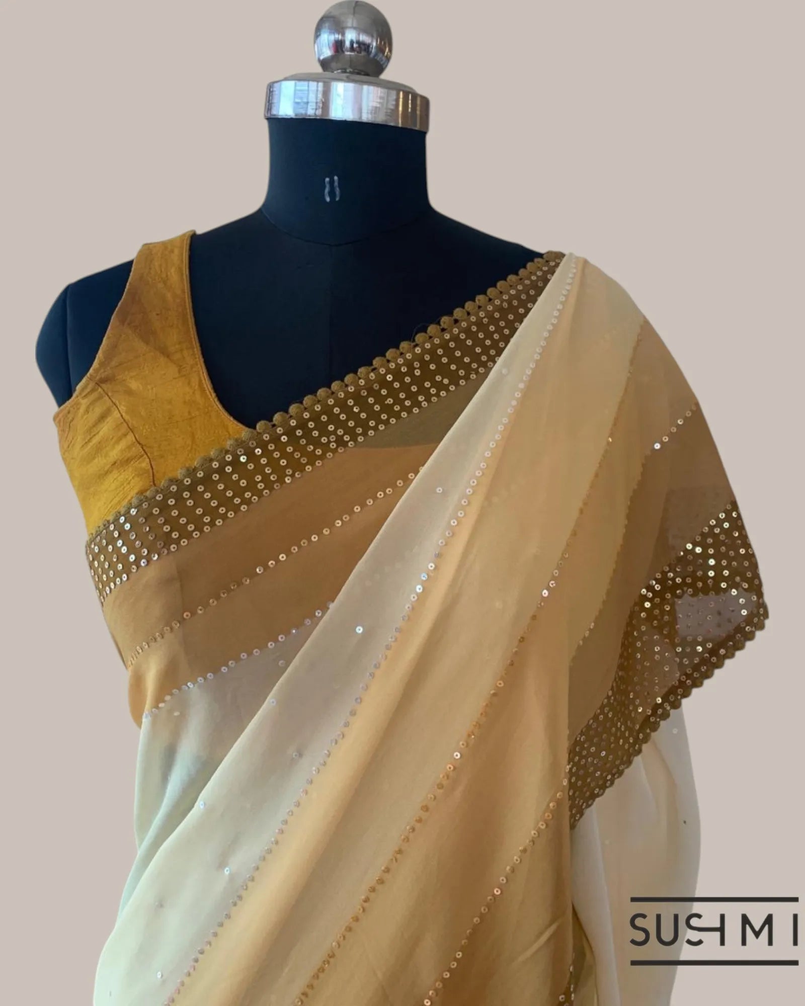 Light mustard Pure Gorgette Saree With Shaded Sequnce Border