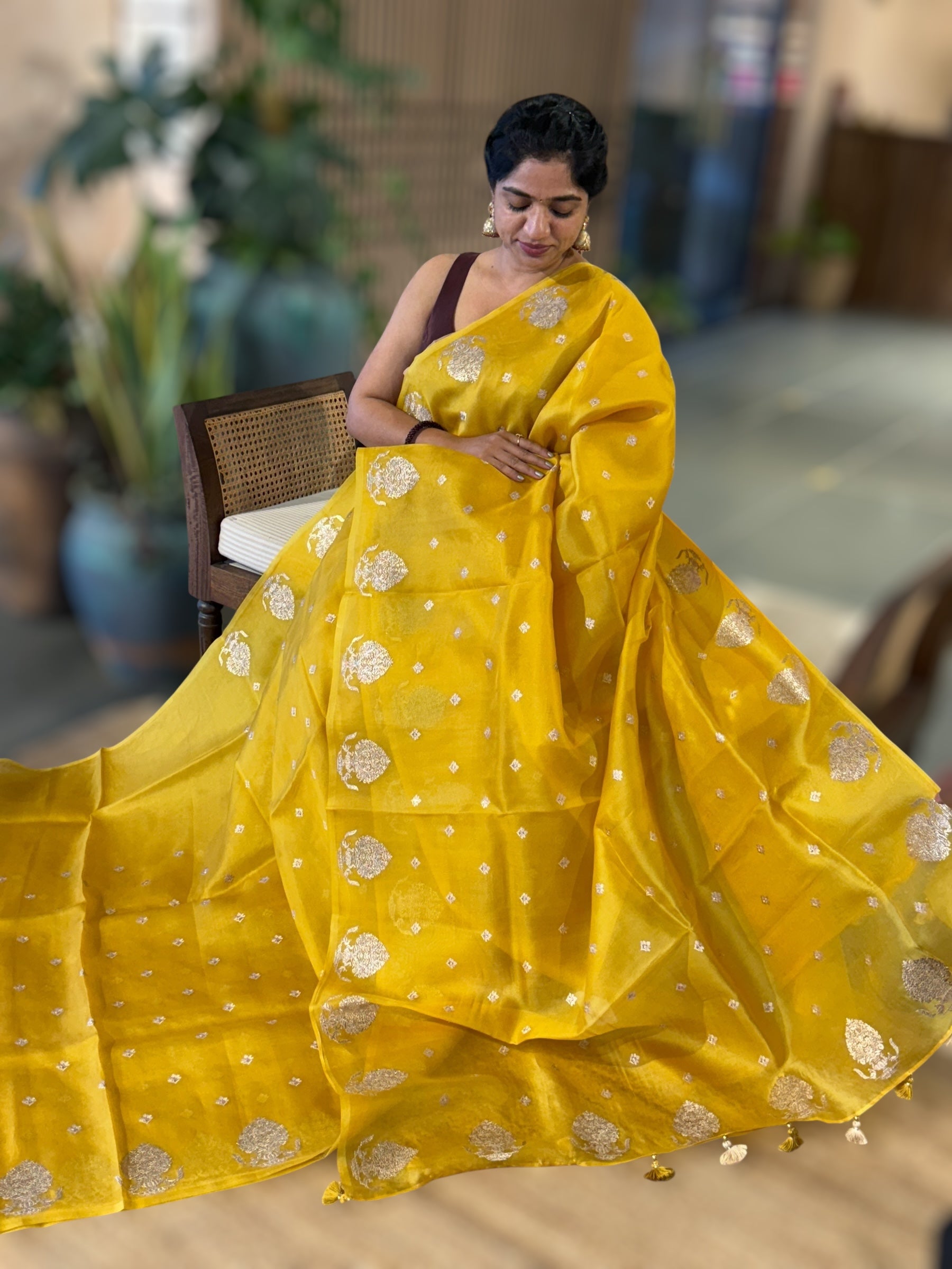 Mango Yellow Organza Saree With Embroidered Motifs & Tussar Printed Blousen