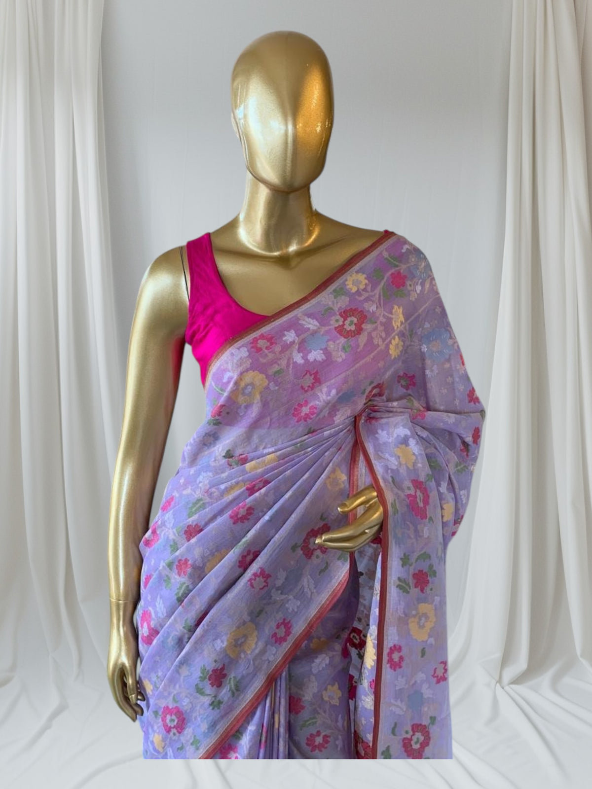 Lilac Banarasi Handloom Cotton Cut Jamdani Saree With Allover Meenakari