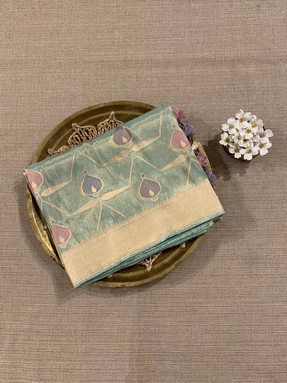 SBETM162 Teal Designer Banarasi Ektara Tissue Saree with allover meenkari jaal