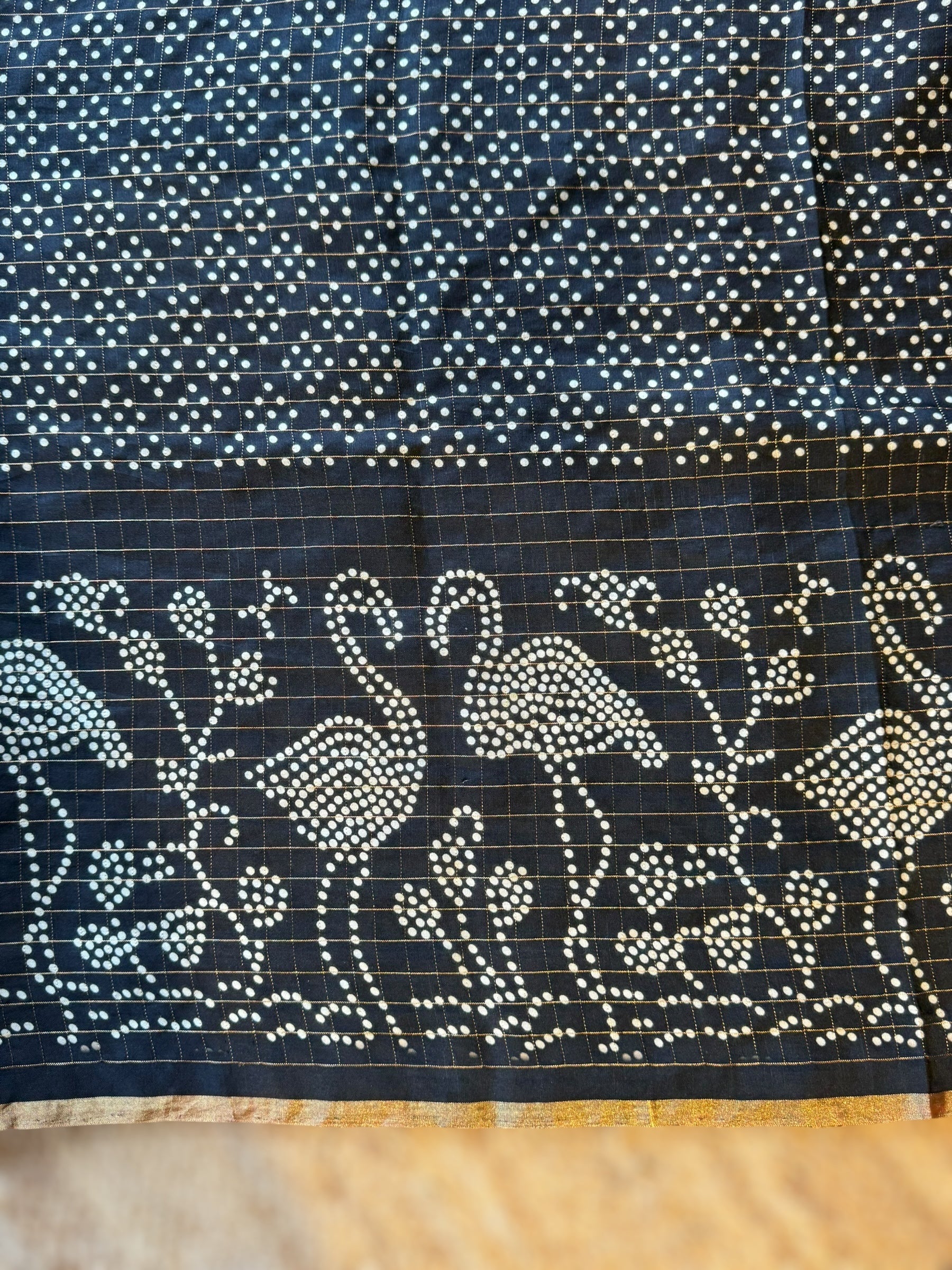 Black Kanchi Soft Silk Saree With Zari Checks allover the Saree &Bandhini Print