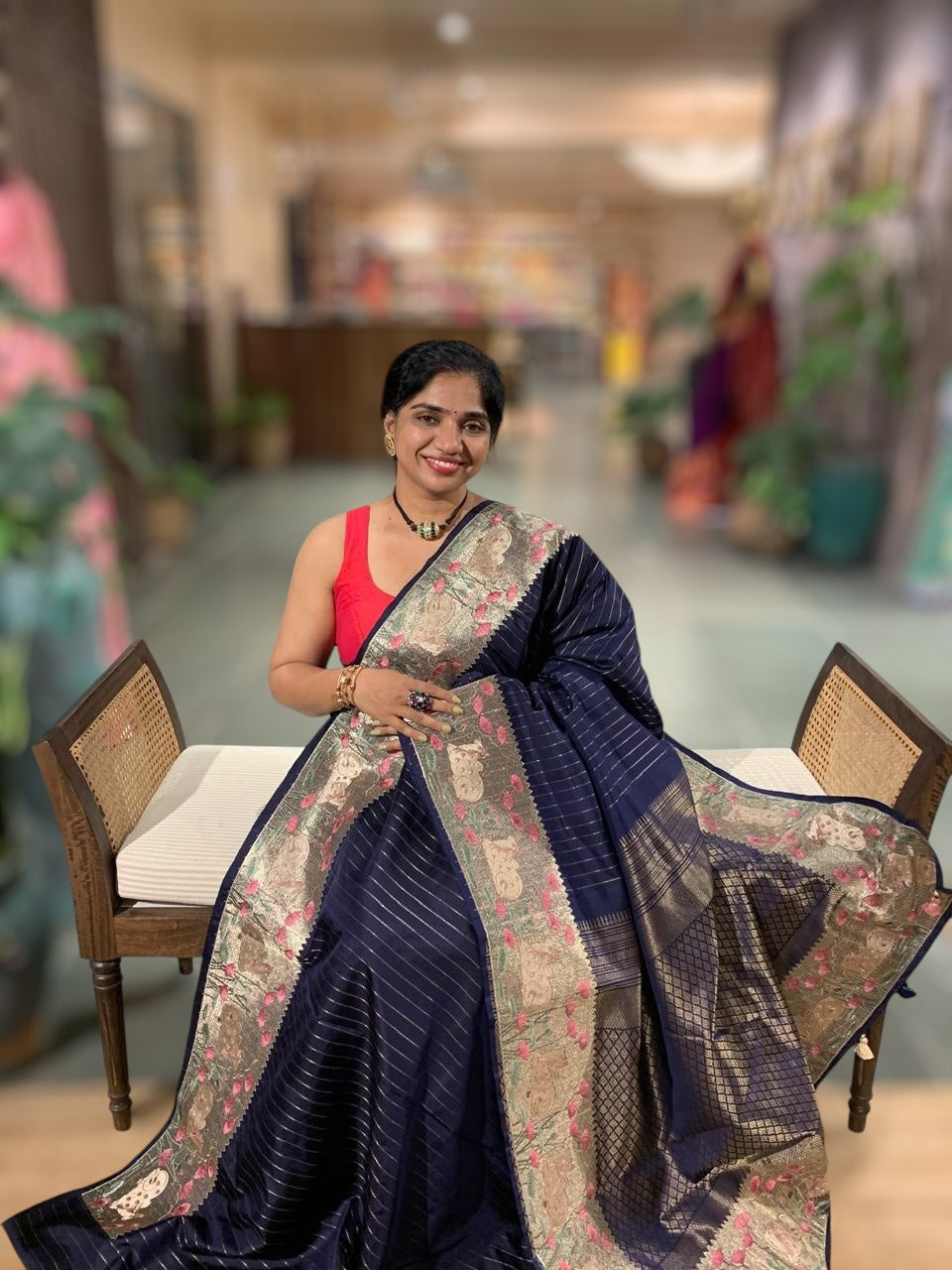 Midnight Blue Kanjeevaram Silk Saree With Tissue Pichwai Embroidery Border