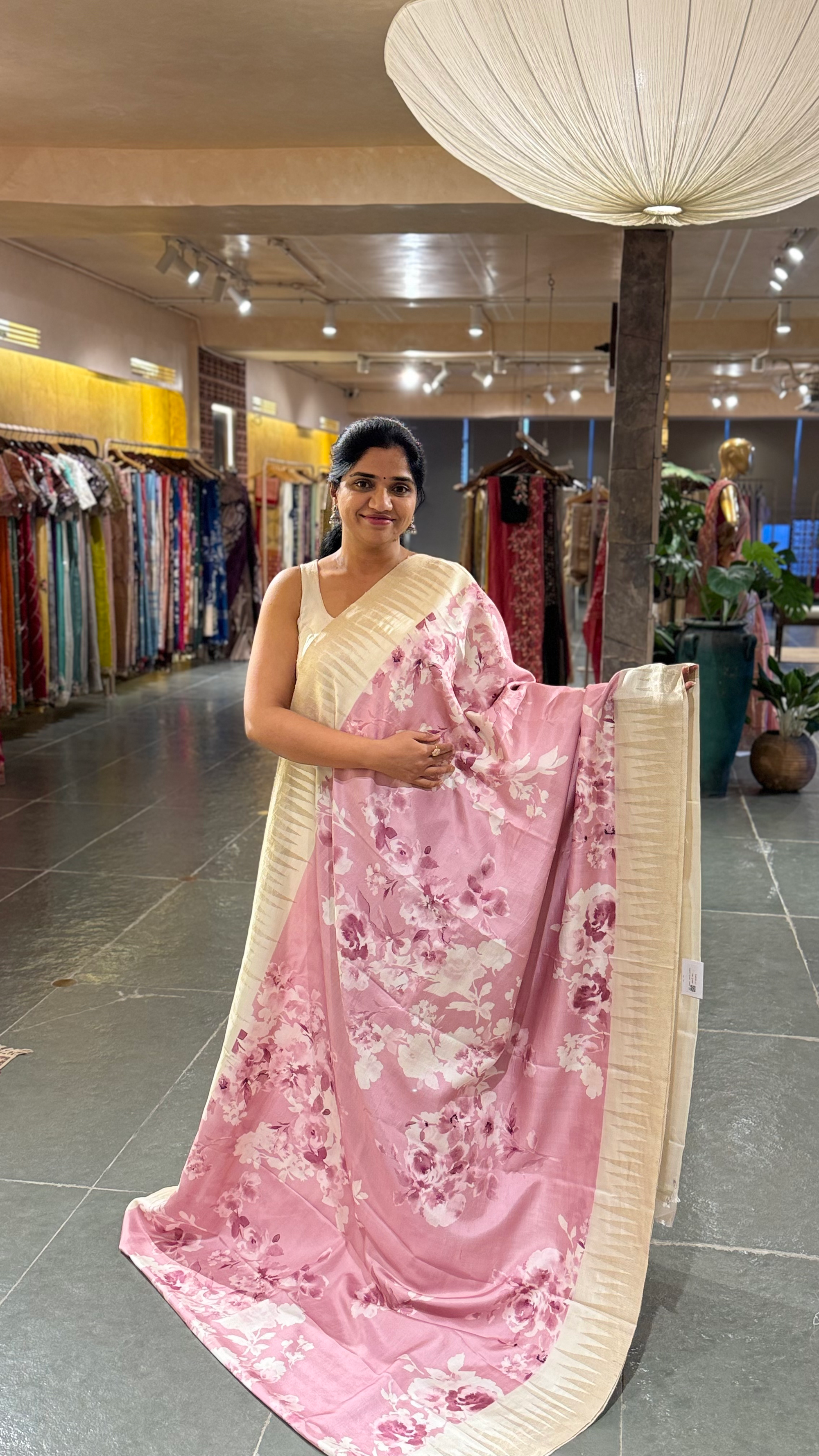 Baby Pink Printed Kanchi Silk soft drape Saree with temple borders b