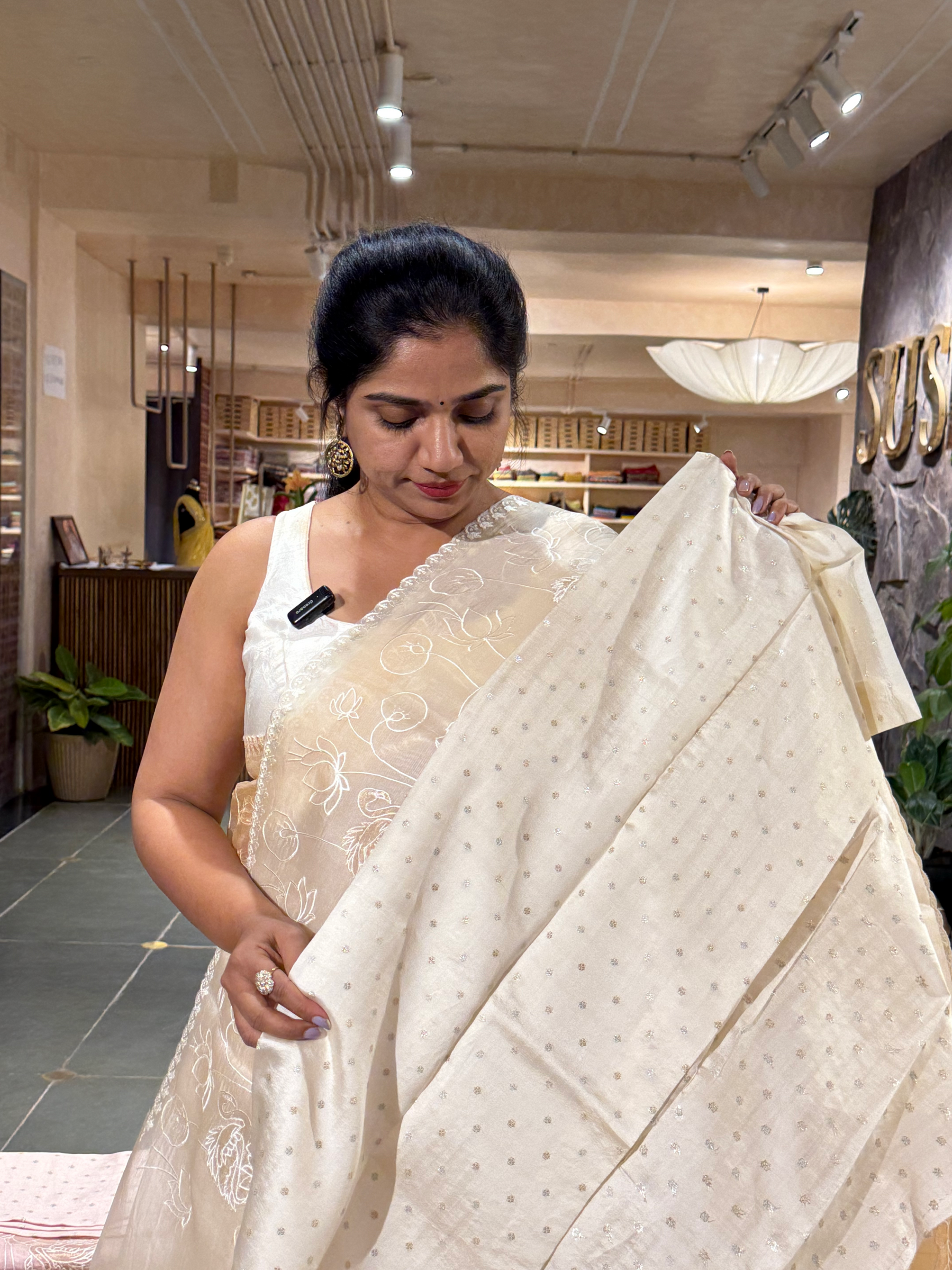SOAA1605 : Ivory Organza Saree with Allover Pichwai Applique Embroidery