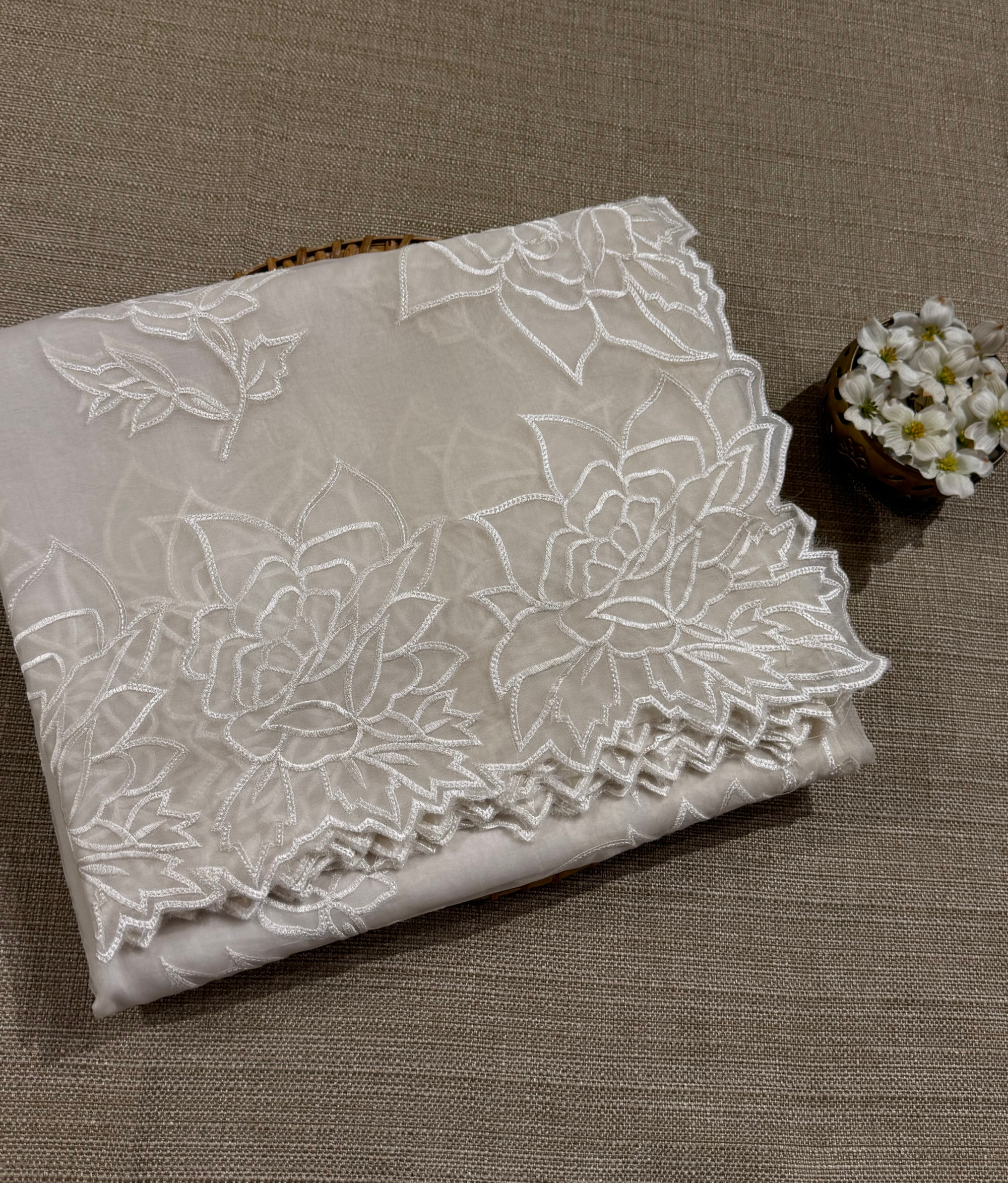 OROSEV1901 : White Organza Saree with Embroidered Rose Border