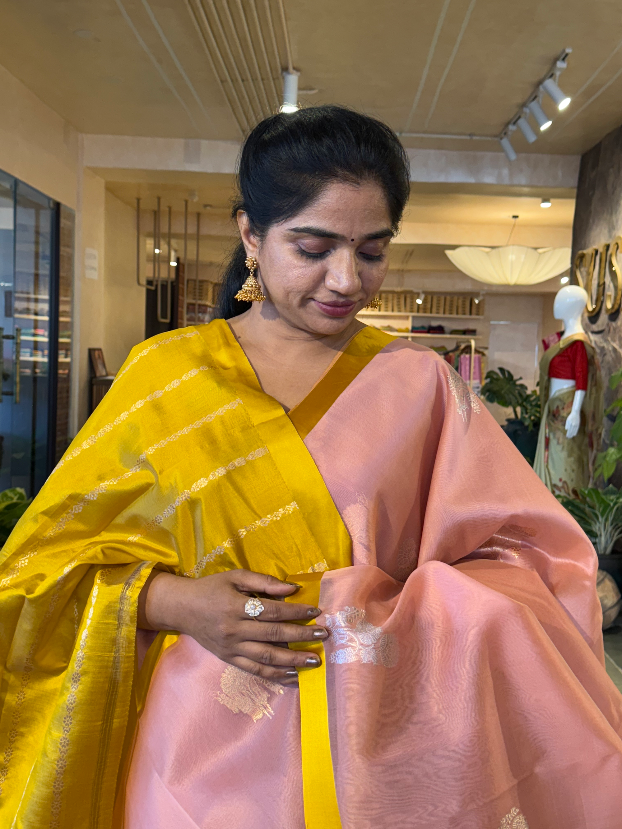 Peach Pink Pure Handloom kora banarasi saree with contrast Mashru  Silk Border