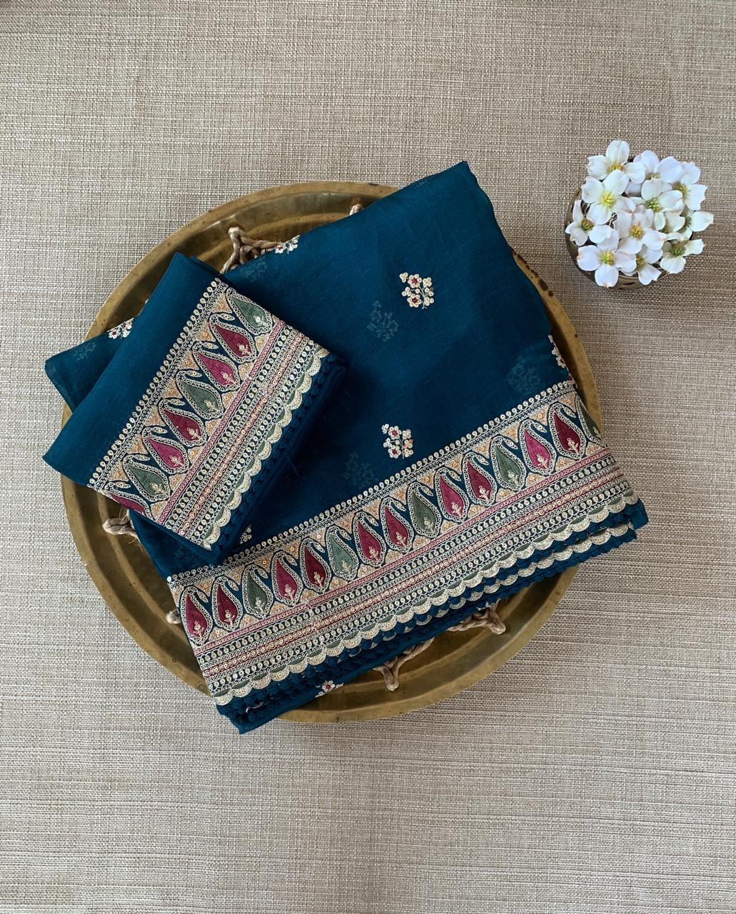Luxe Peacock Blue Organza Saree with Sabyasachi-Inspired Border & Blouse