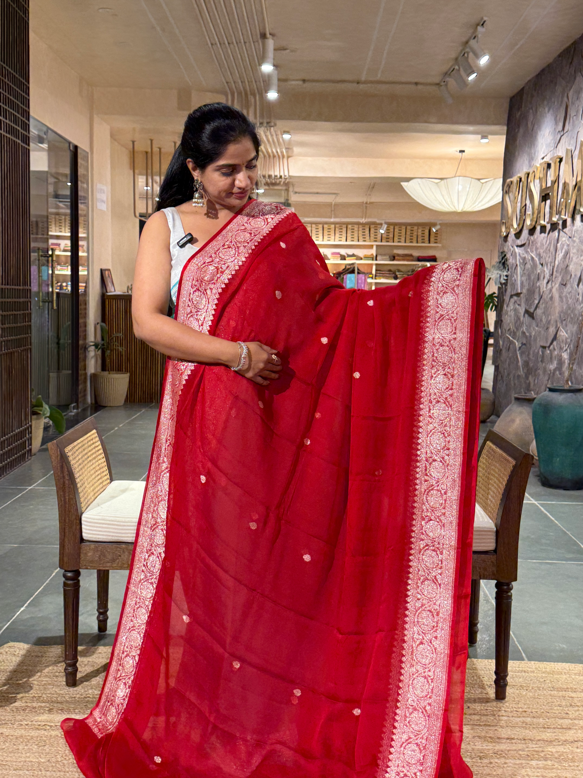 Chilli Red Banarasi Handloom Khaddi Chiffon Saree with silver