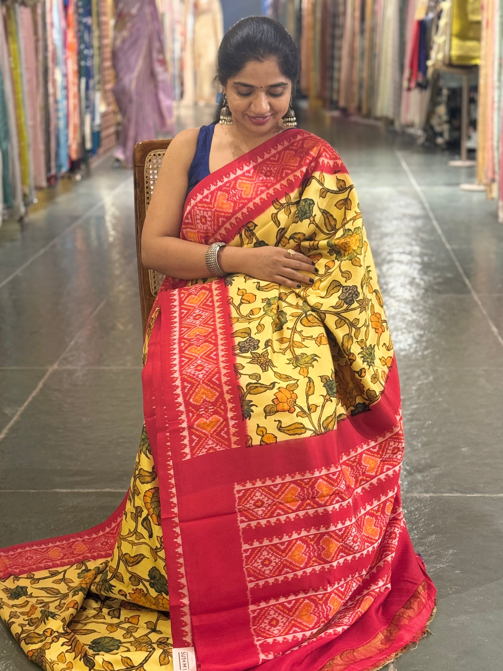 Ikkath Patola Sarees with Pen Kalamkari Style Digital  Prints