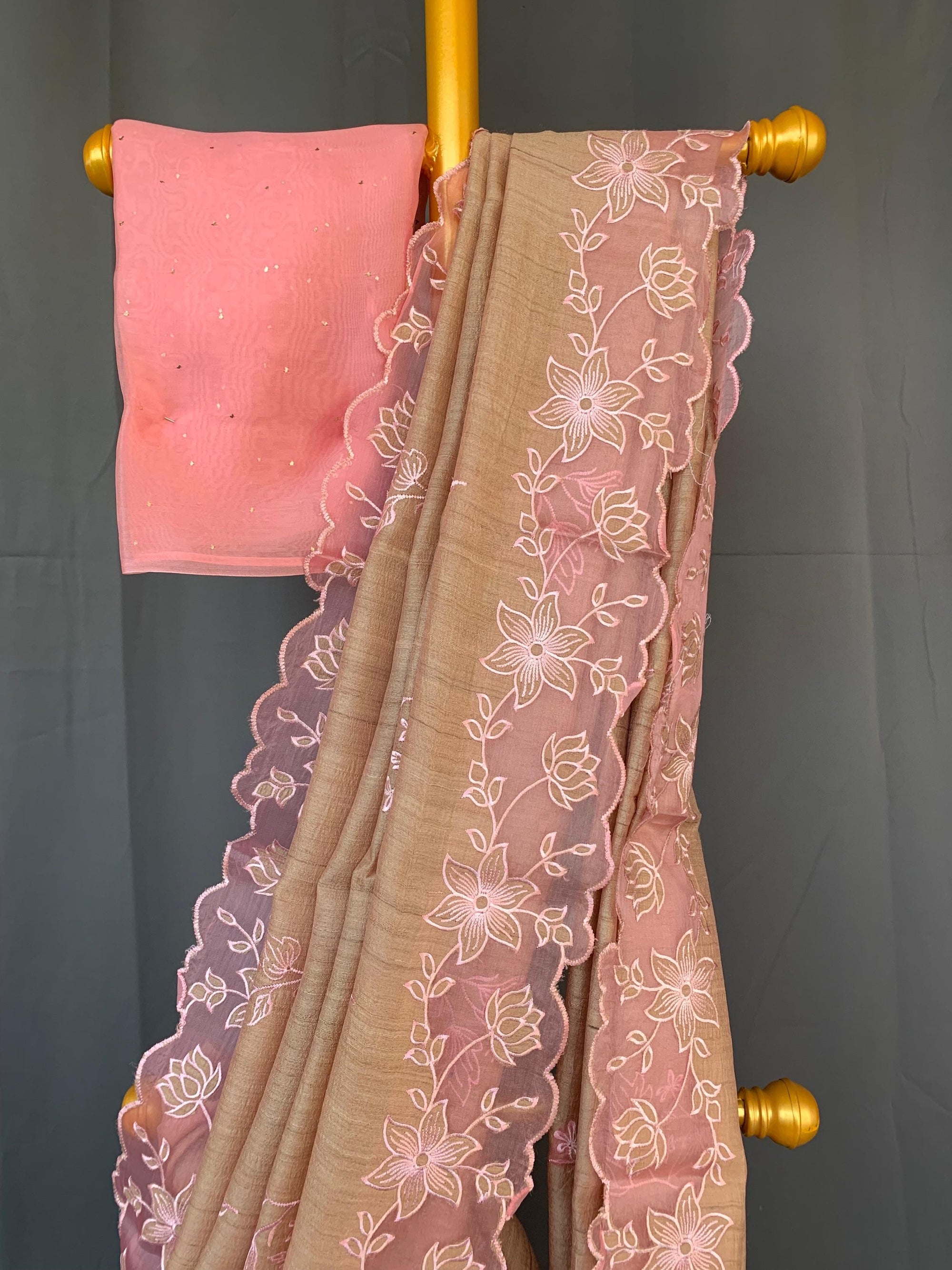 Pure handloom Tussar Designer Saree with Organza Applique Cutwork Border