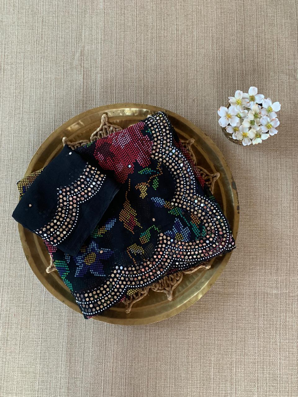 Black Gorgette printed Saree with handwork mirrorwork borders