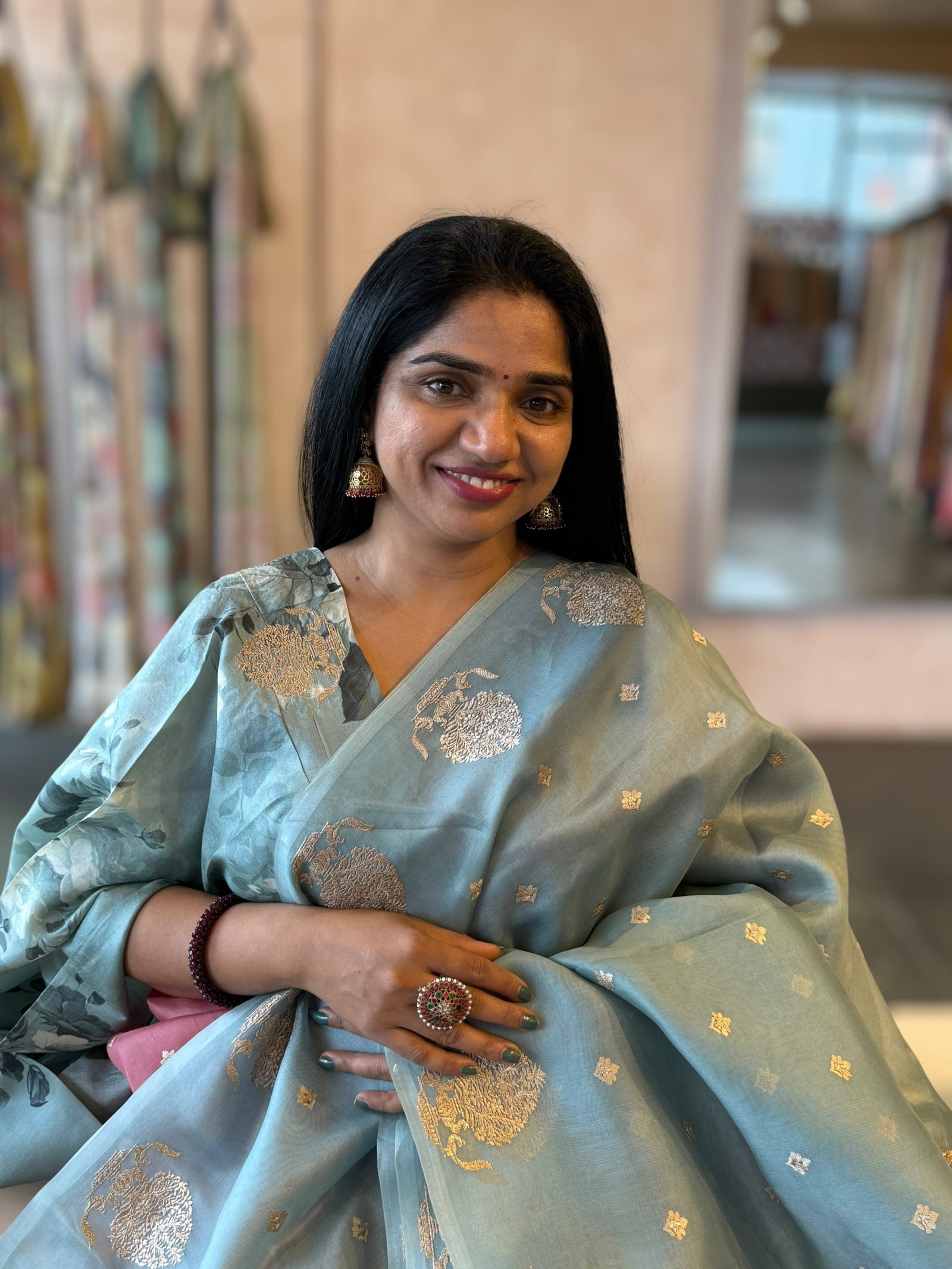 PowderBlue Organza Saree With Embroidered Open Border With Tussar Printed Blouse