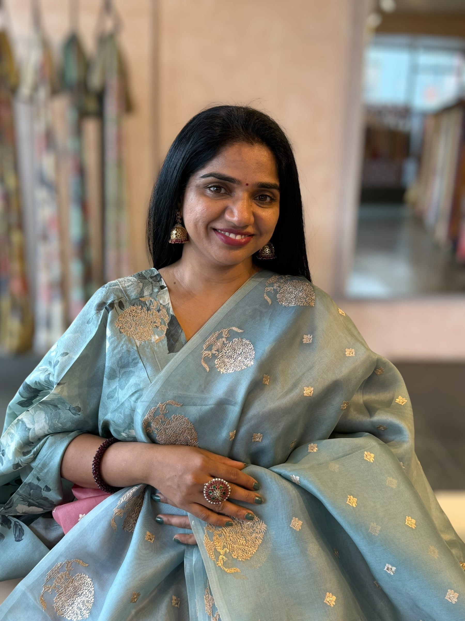 PowderBlue Organza Saree With Embroidered Open Border With Tussar Printed Blouse