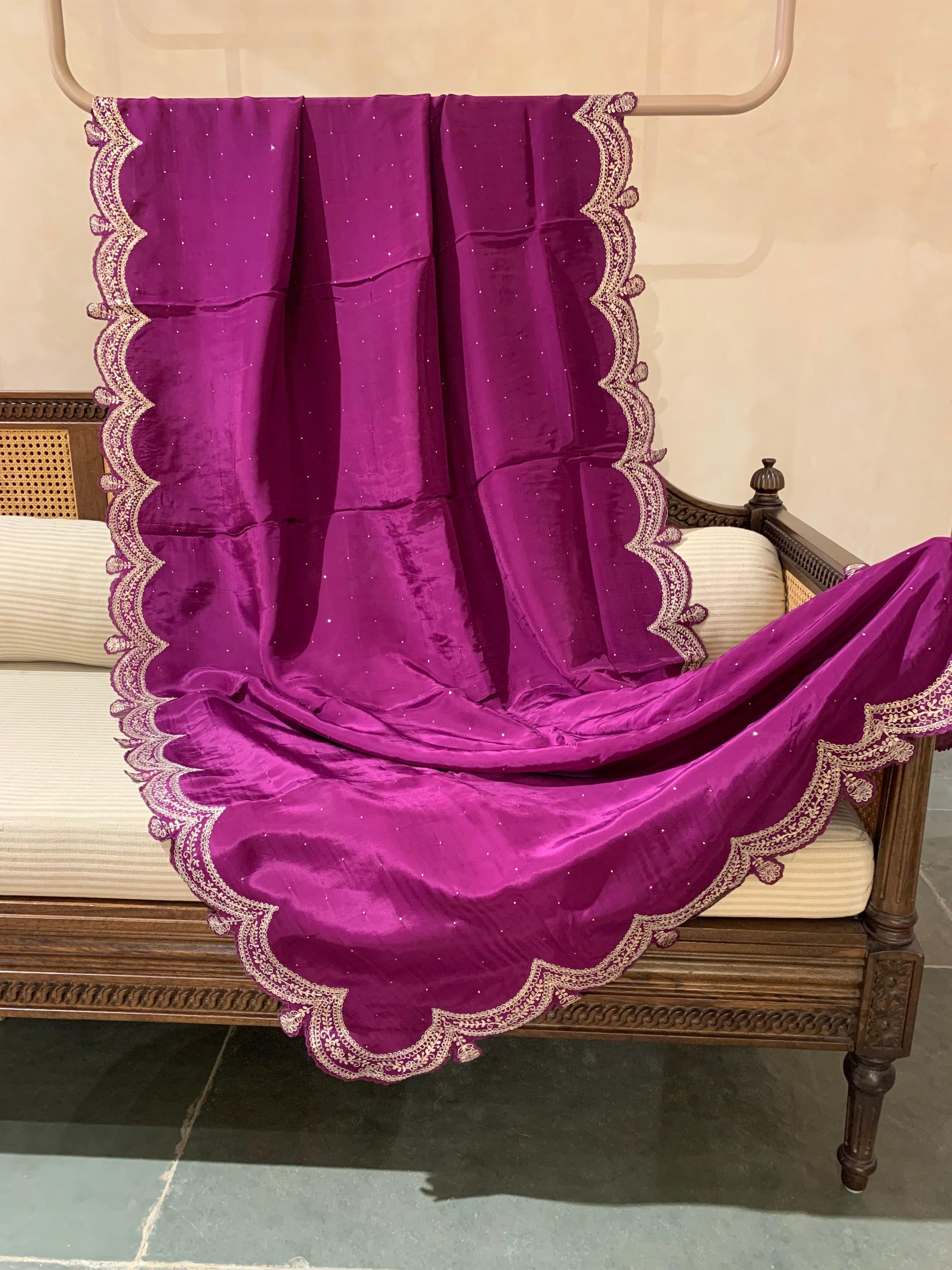 Wine Crepe Silk Saree With Pita Work Scallop Border