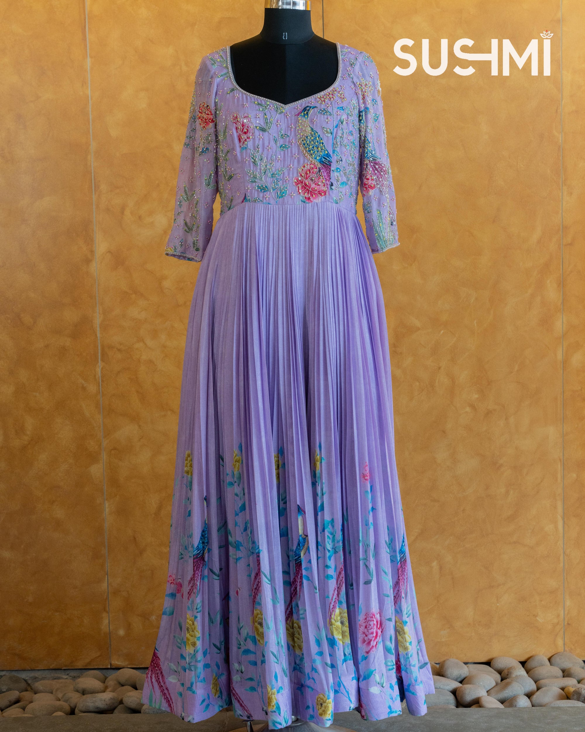Pure Chinnon Printed Long Frock with handwork yoke