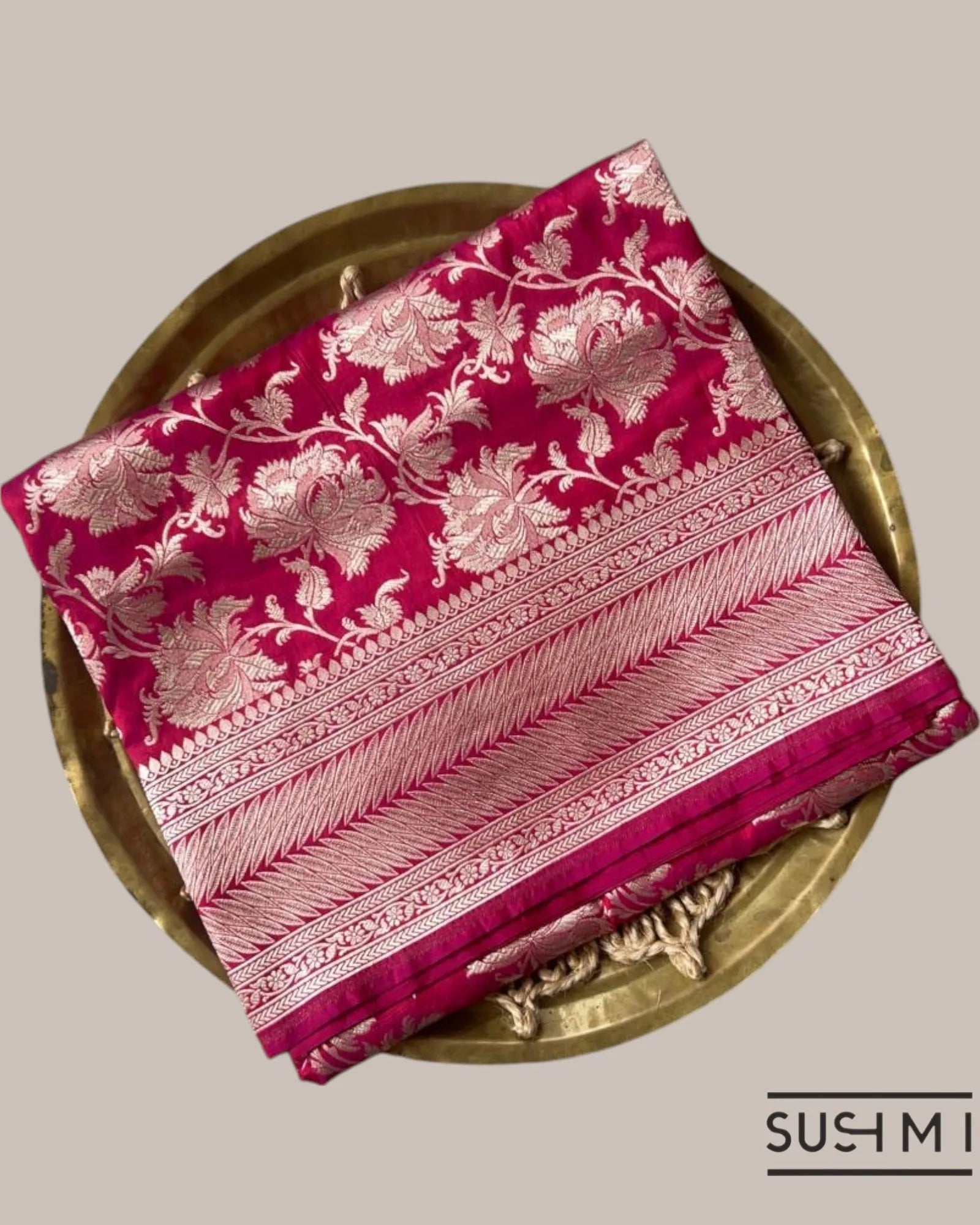 Ruby Pink Banarasi Katan Silk Saree with Allover Floral Jaal Weaving in silver z