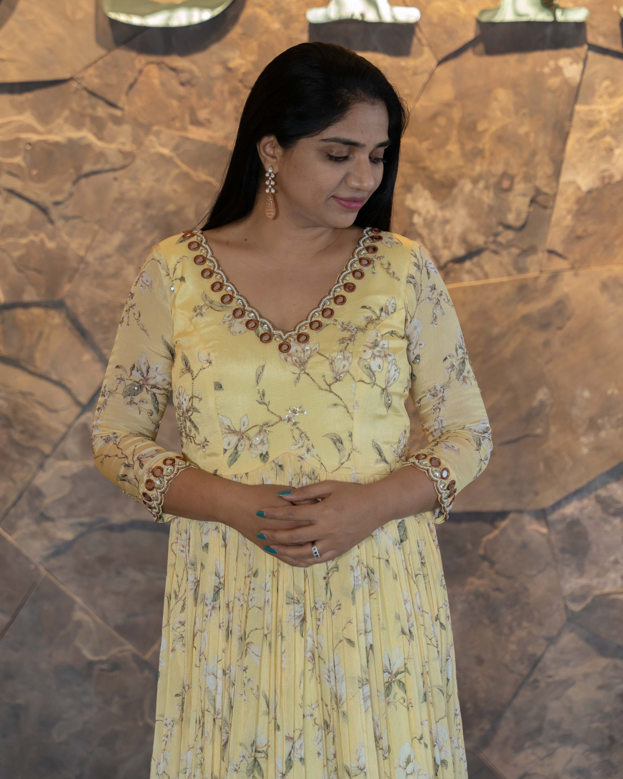 Pure Chinnon Printed Long Frock with handwork yoke