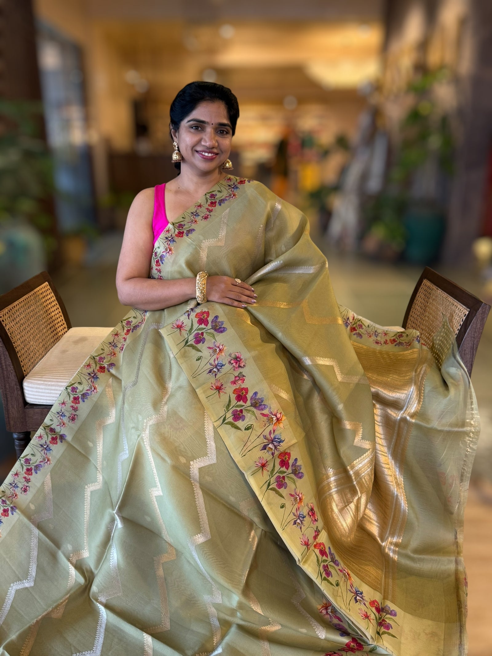 Olive Green Deisgner Premium Handloom Kora Banarasi with Printed Borders