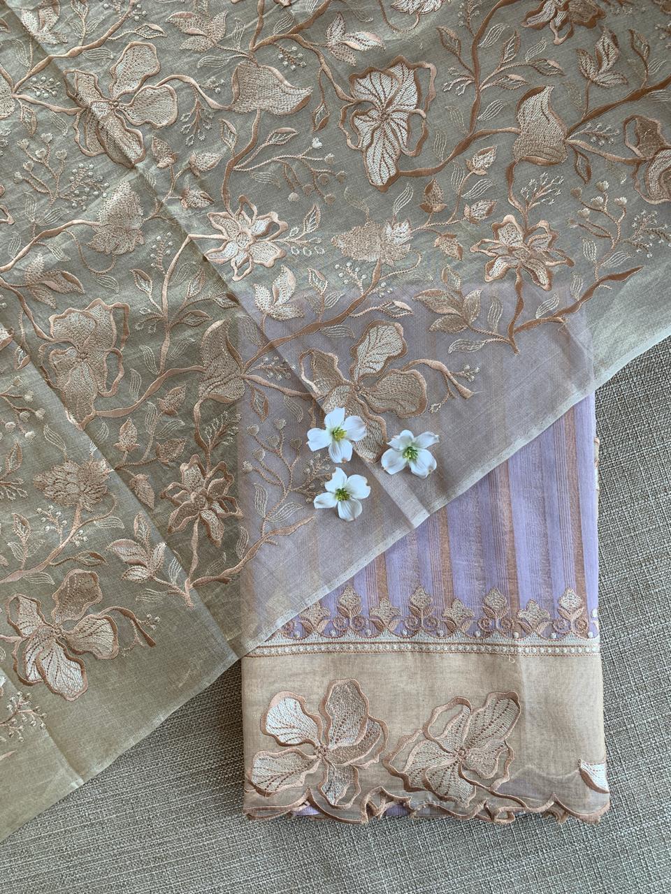 Lilac Mul Tissue Stripes Saree With Tissue Cutwork  Border & Blouse