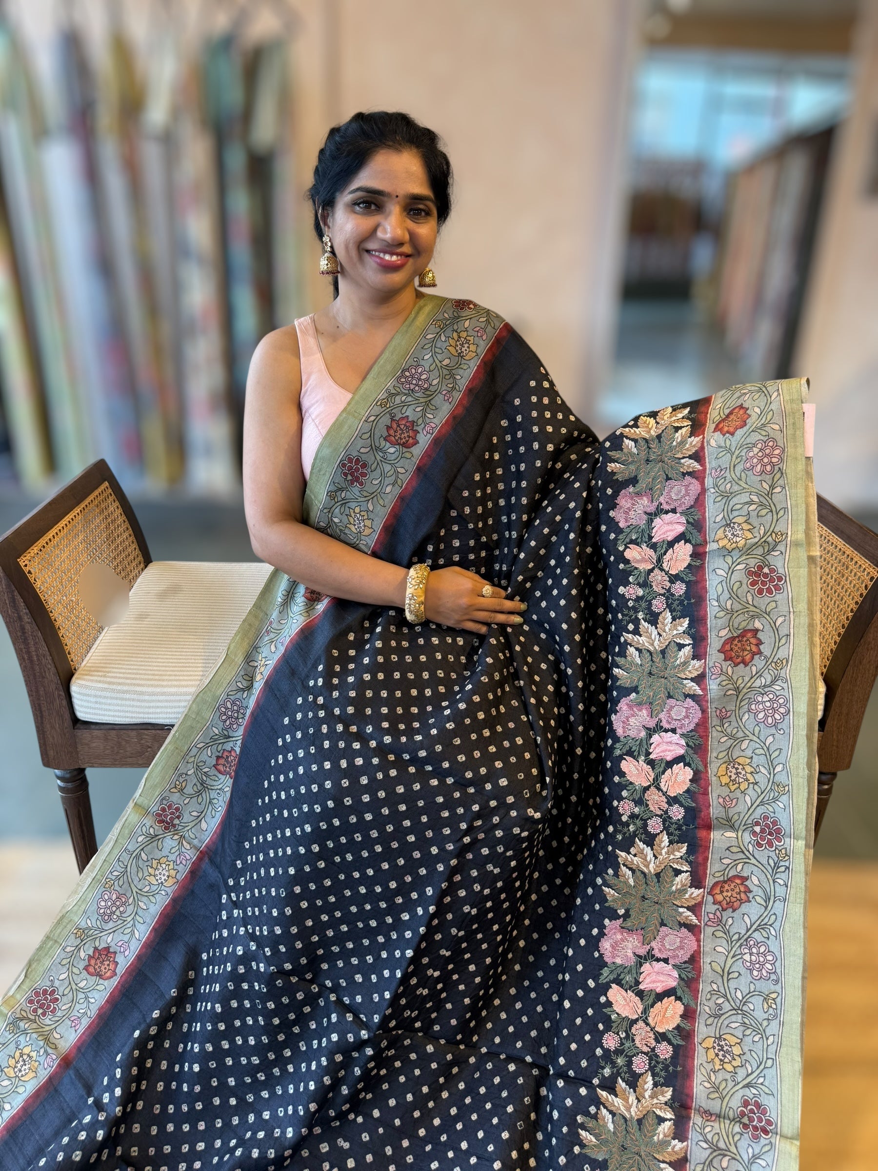 Black Tussar Bandhini Saree With Pen kalamkari Border & Petite Point Emb Blouse