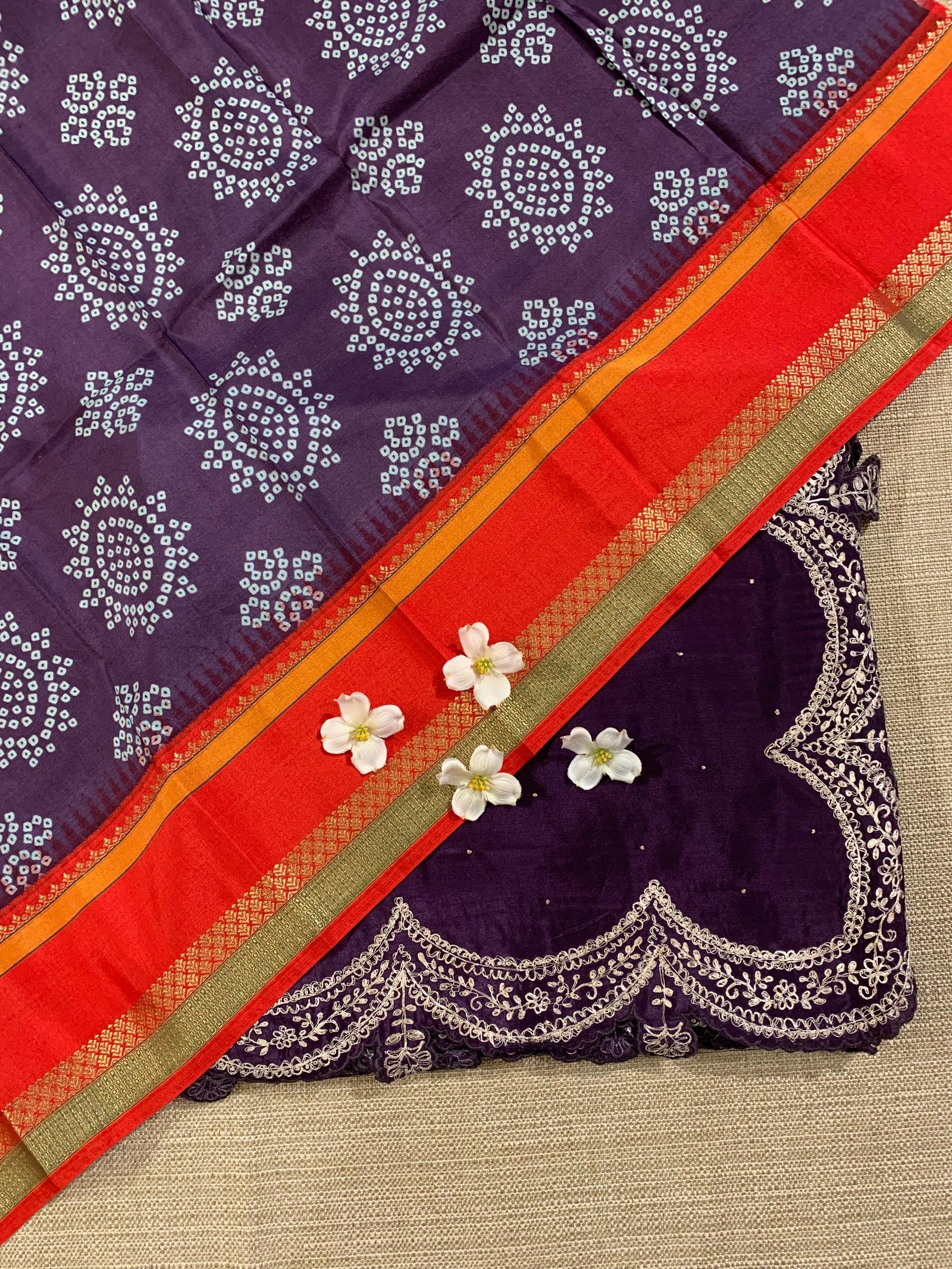 Plum Crepe Silk Saree With Pita Work Scallop Border & Pure Silk Printed Blouse