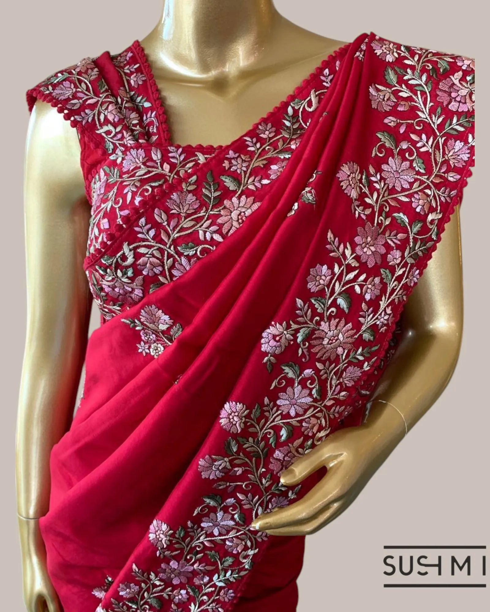 Ruby Red FallingTussar Saree with beautiful multi color embroidered border heml