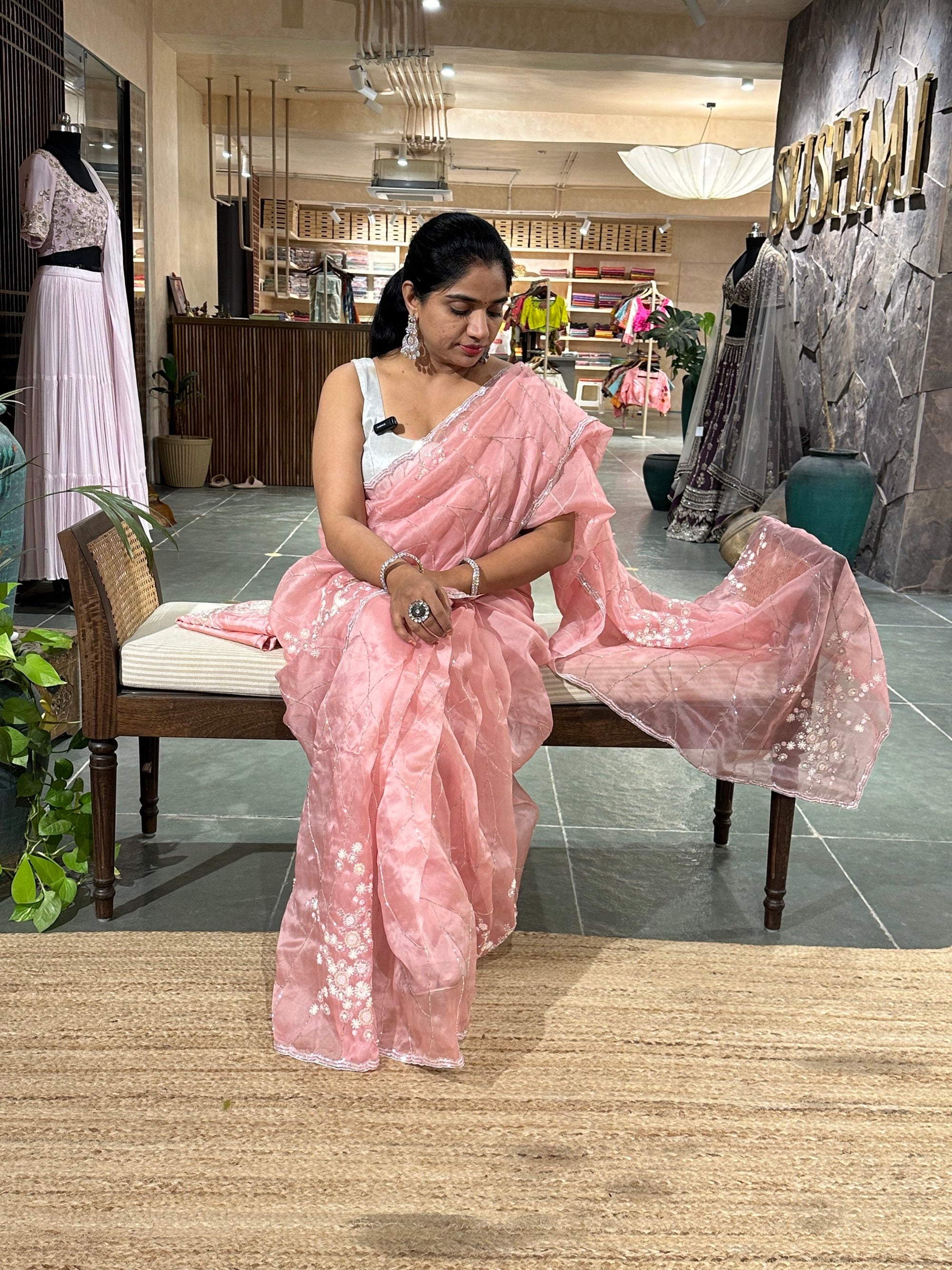 Blush Pink Organza heavy handwork saree