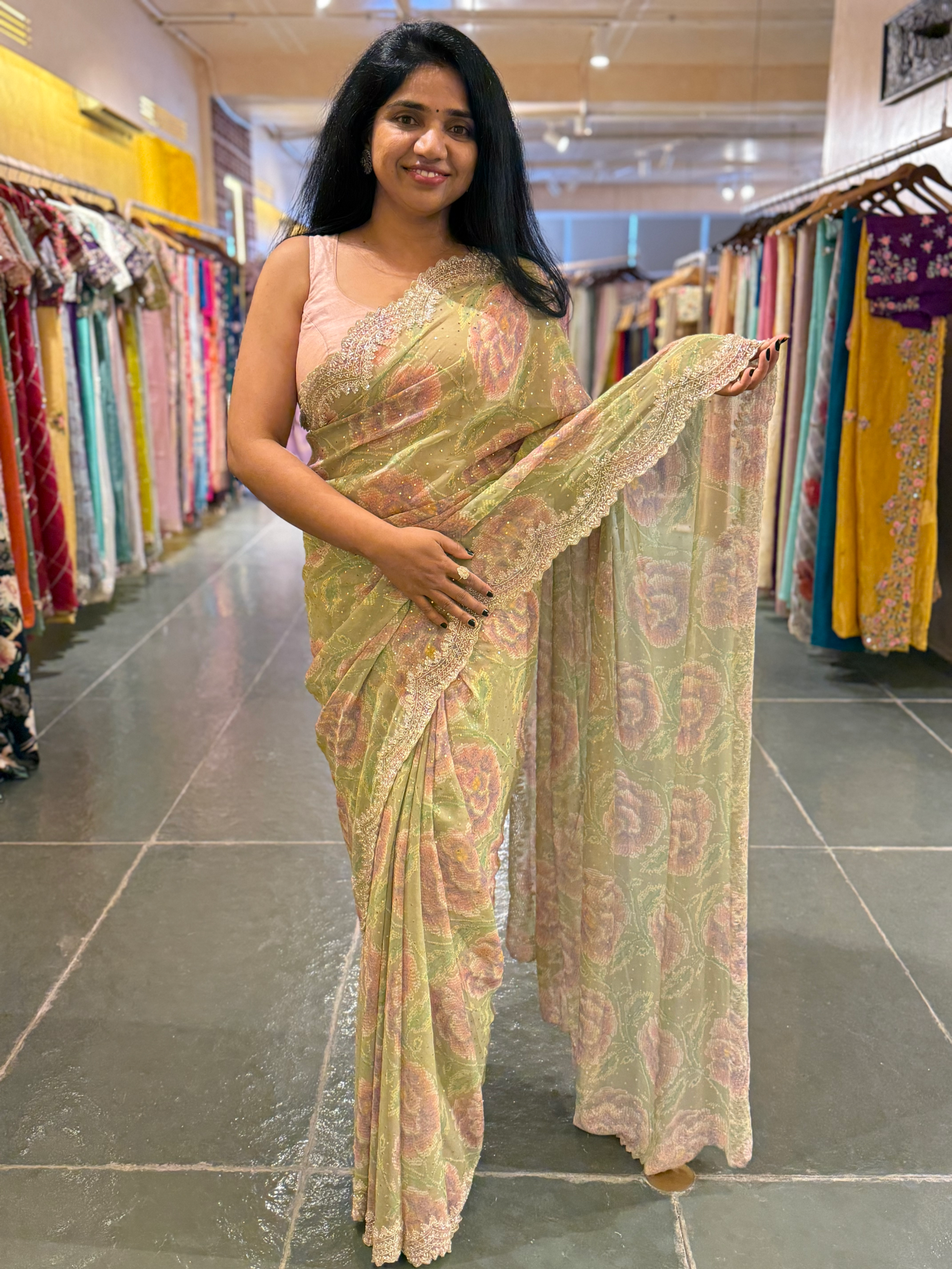 Pista Green Pure gorgette printed Saree with handwork