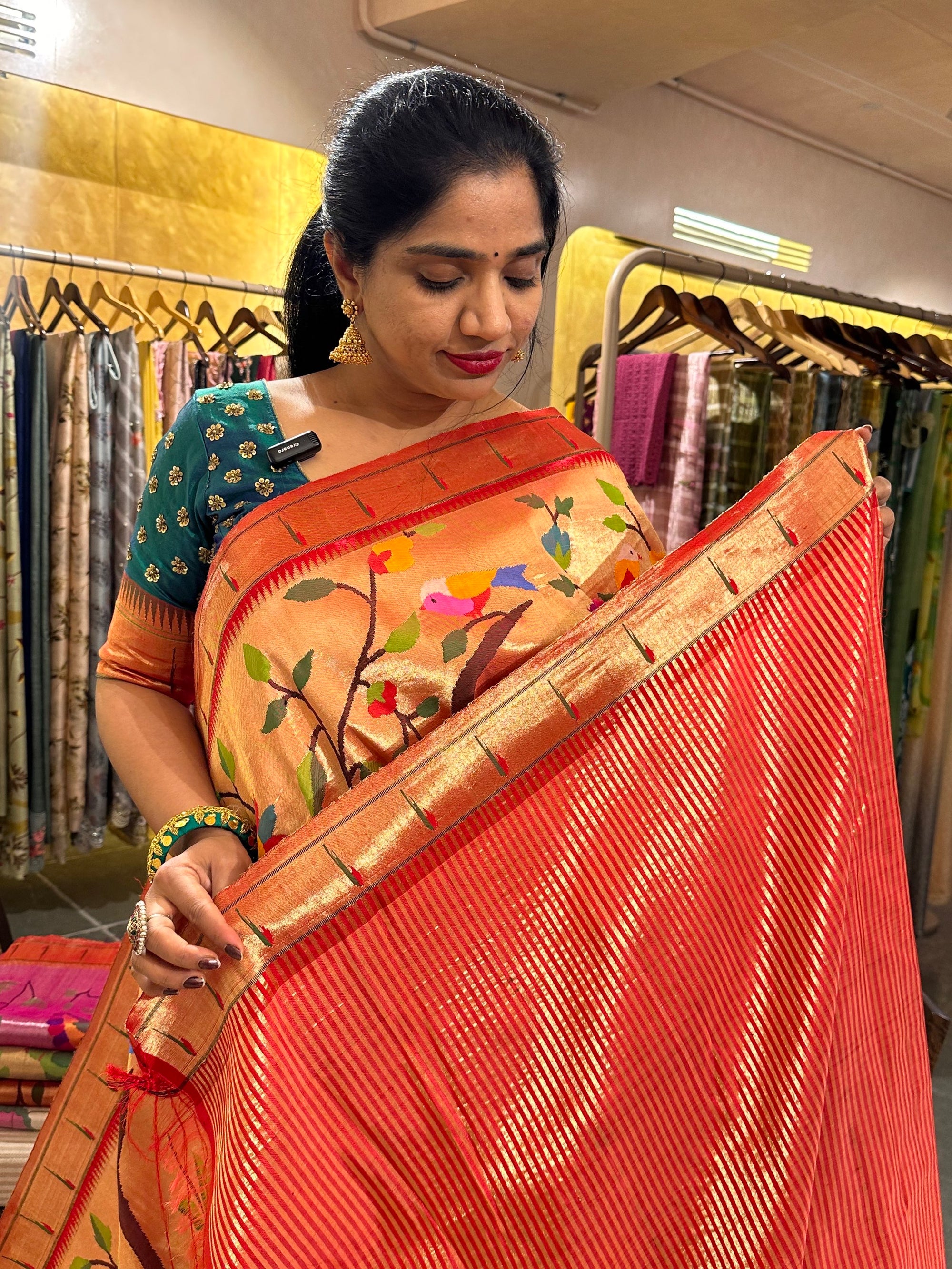 Dark Peach Tissue Allover Pure Handloom Paithani Saree