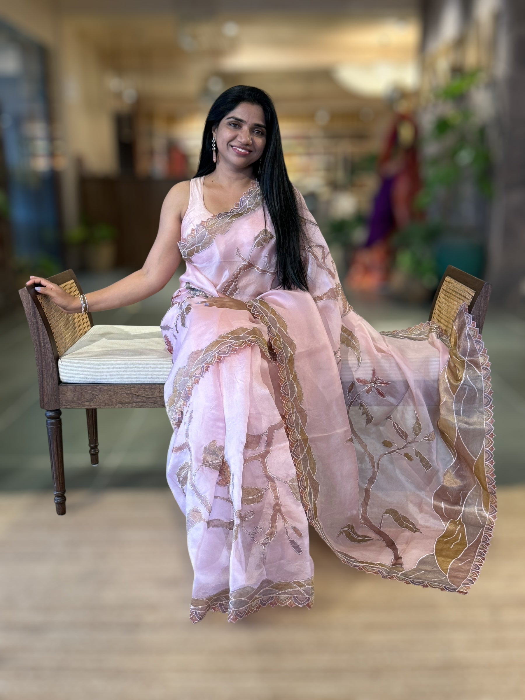Rose Pink Pure Organza Saree with one of a kind Tissue Applique work allover